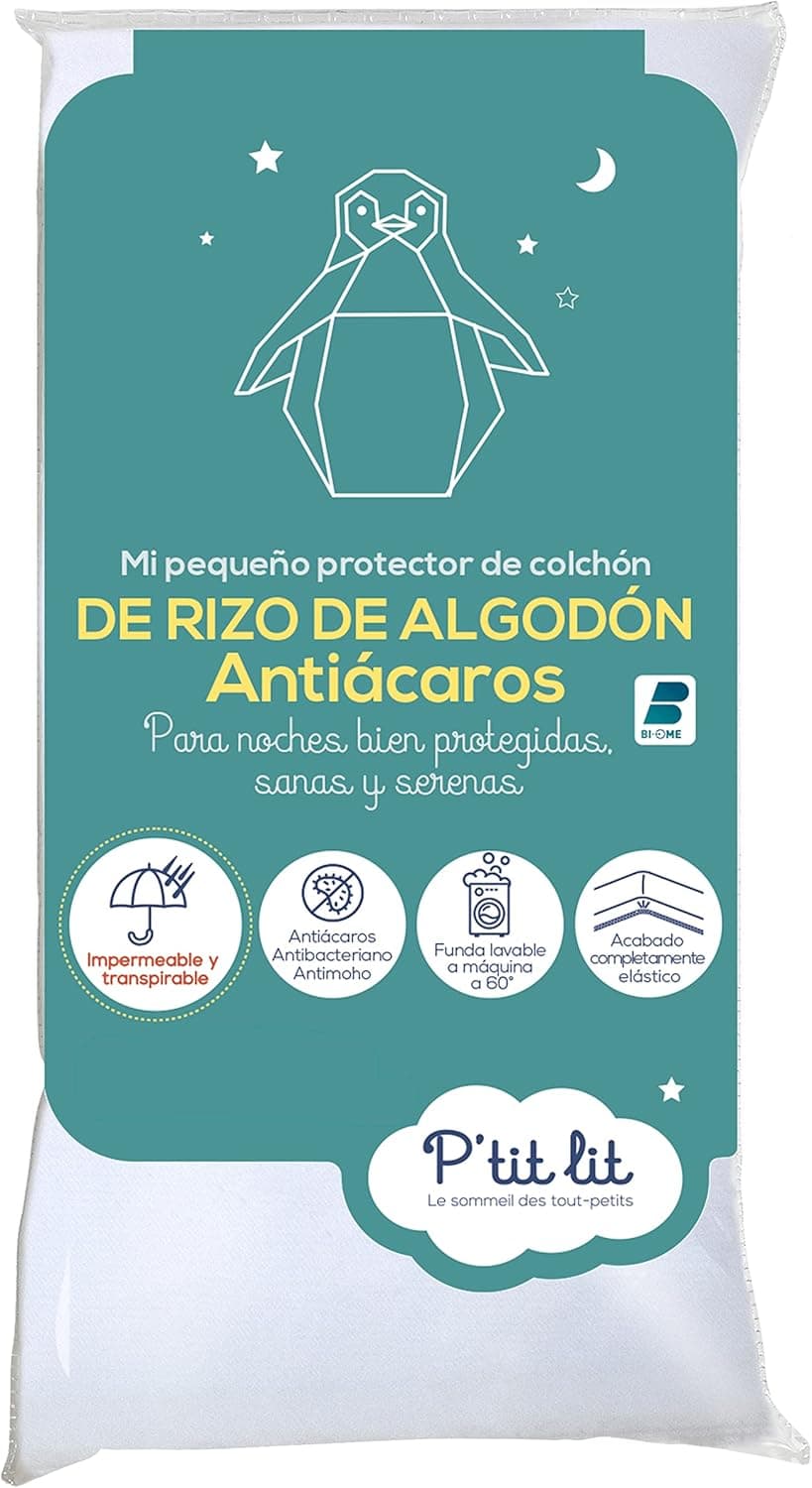 P'tit Lit - Protector Colchón Bebé Antiácaros | Protector de colchón impermeable 60x120 cm | 100% rizo de algodón | Absorbente y Silencioso | OekoTex®