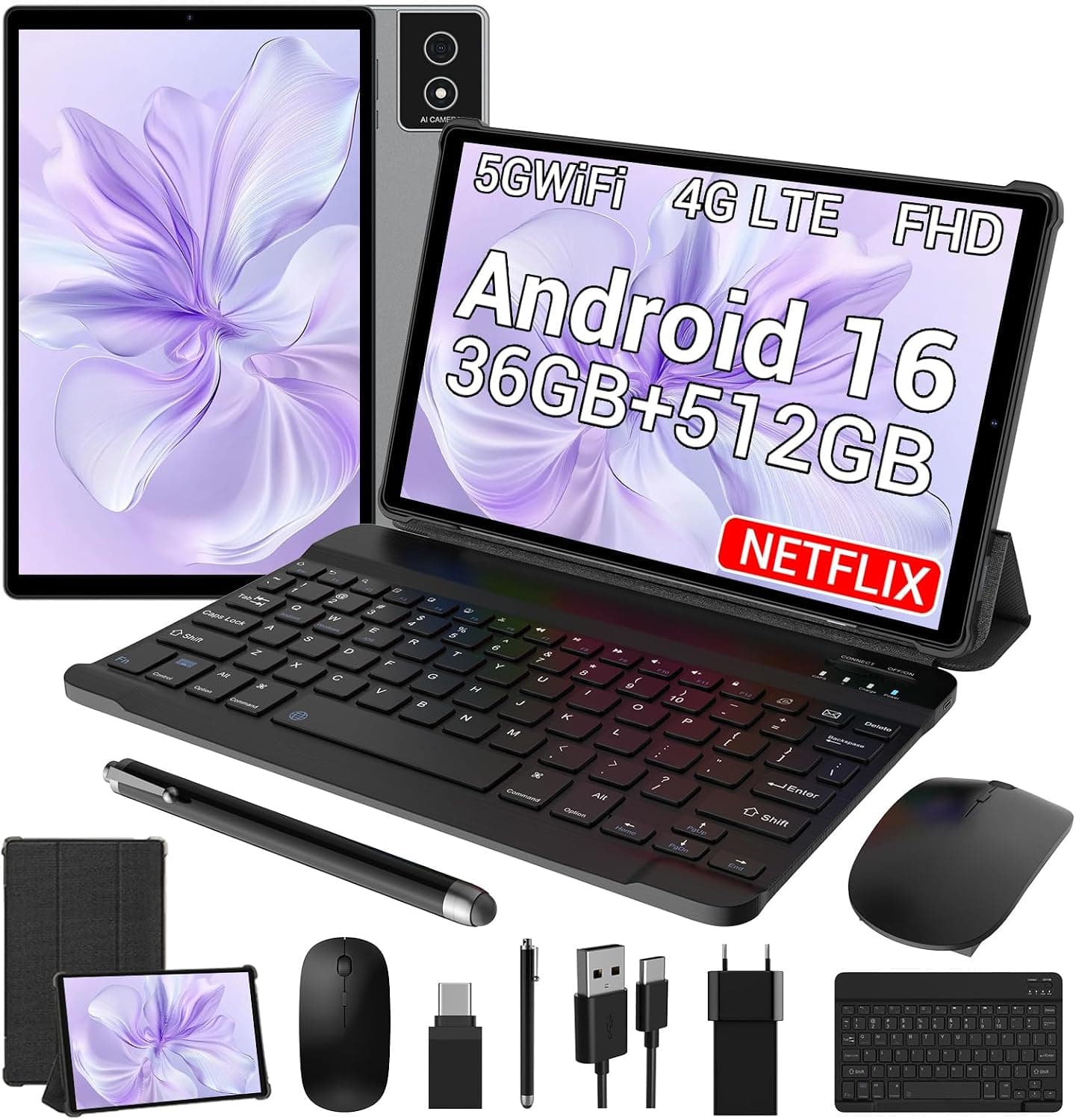 Tablet 11 Pulgadas Android 16, 36 GB RAM + 512 GB ROM (TF 2 TB), Octa-Core 2,0 GHz, Widevine L1, 45GWiFi/4GLTE, 8000 mAh, 8000 mAh, 8+13 MP/GPS/BT5.0, con Teclado y Ratón, Gris