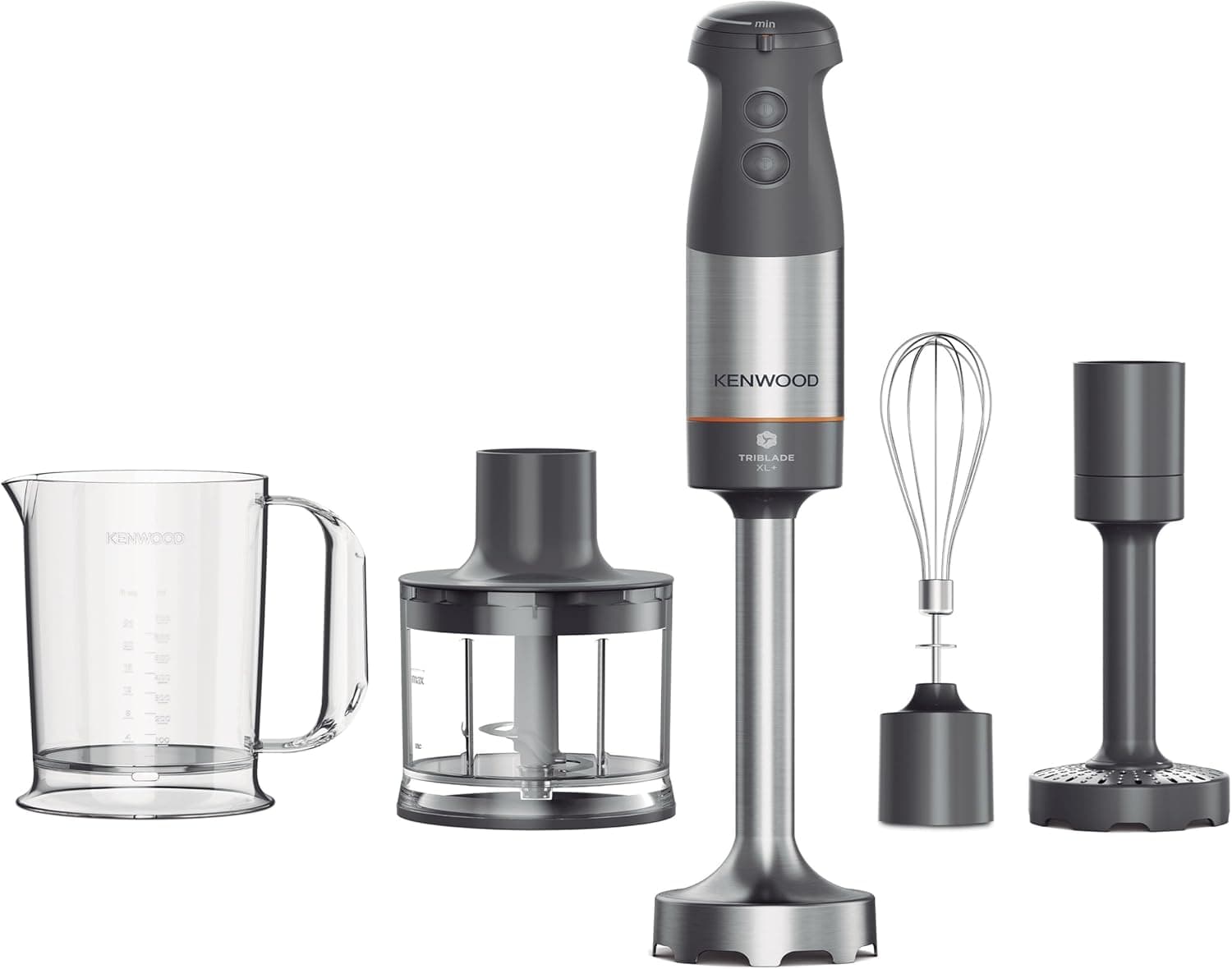 Kenwood Triblade XL+ HBM60.307GY, Minipimer con 3 Cuchillas Antisalpicaduras, Picadora 500ml, Varillas Metal, Accesorio Pasapurés y Vaso Medidor Plástico sin BPA, Apto para Lavavajillas, 1000W, Gris