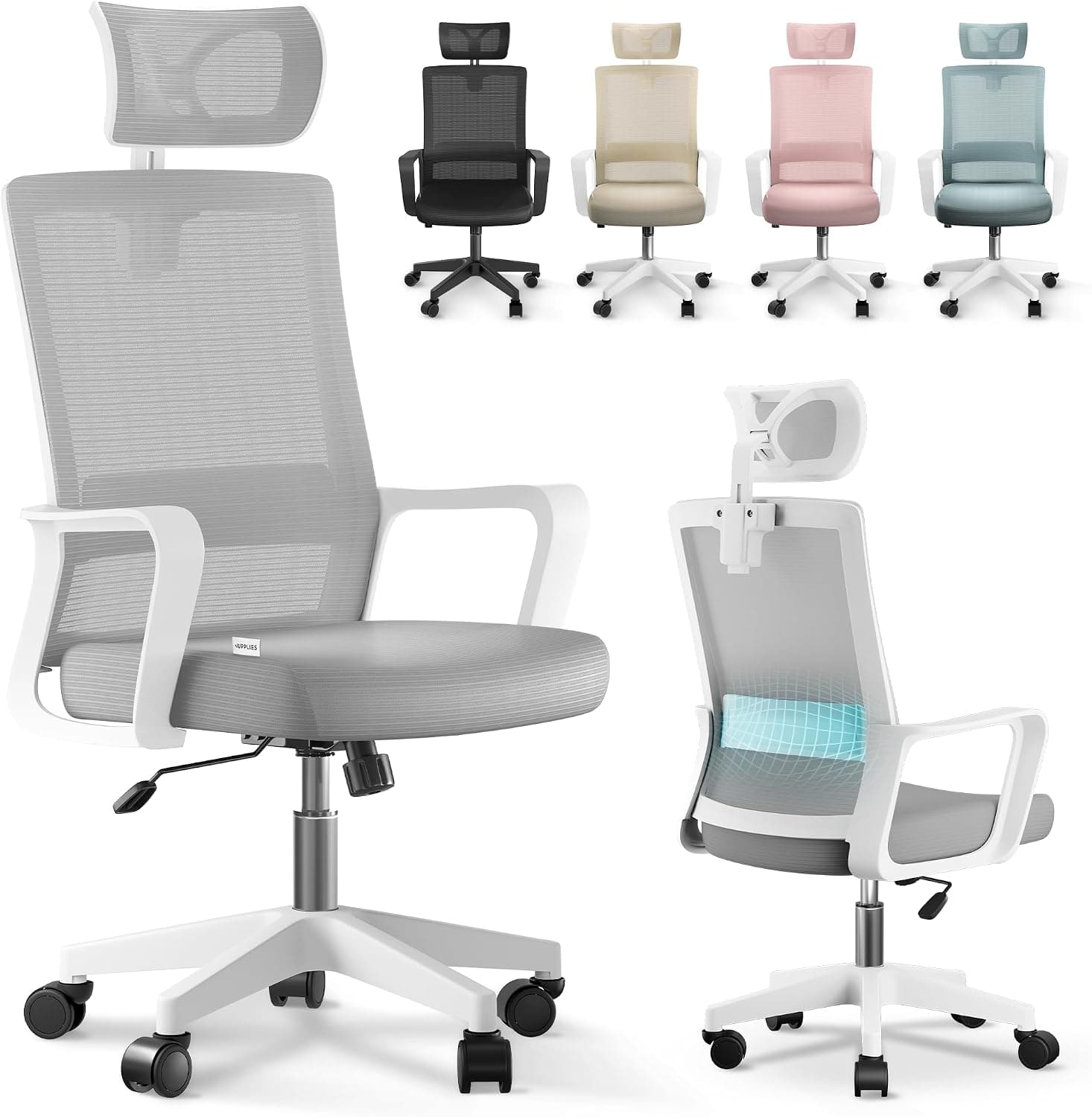 JUPPLIES Silla Escritorio Ergonomica - Silla Oficina Ajustable y Reclinable con Soporte Lumbar, Reposacabezas Ajustable, Malla Transpirable, Ruedas Giratorias 360° Soporta hasta 120kg (Gris)