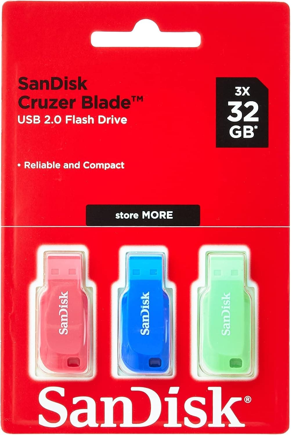 SanDisk 32GB Cruzer Blade USB Flash Drive , Blue/Pink/Green, 3count(Pack of 1)