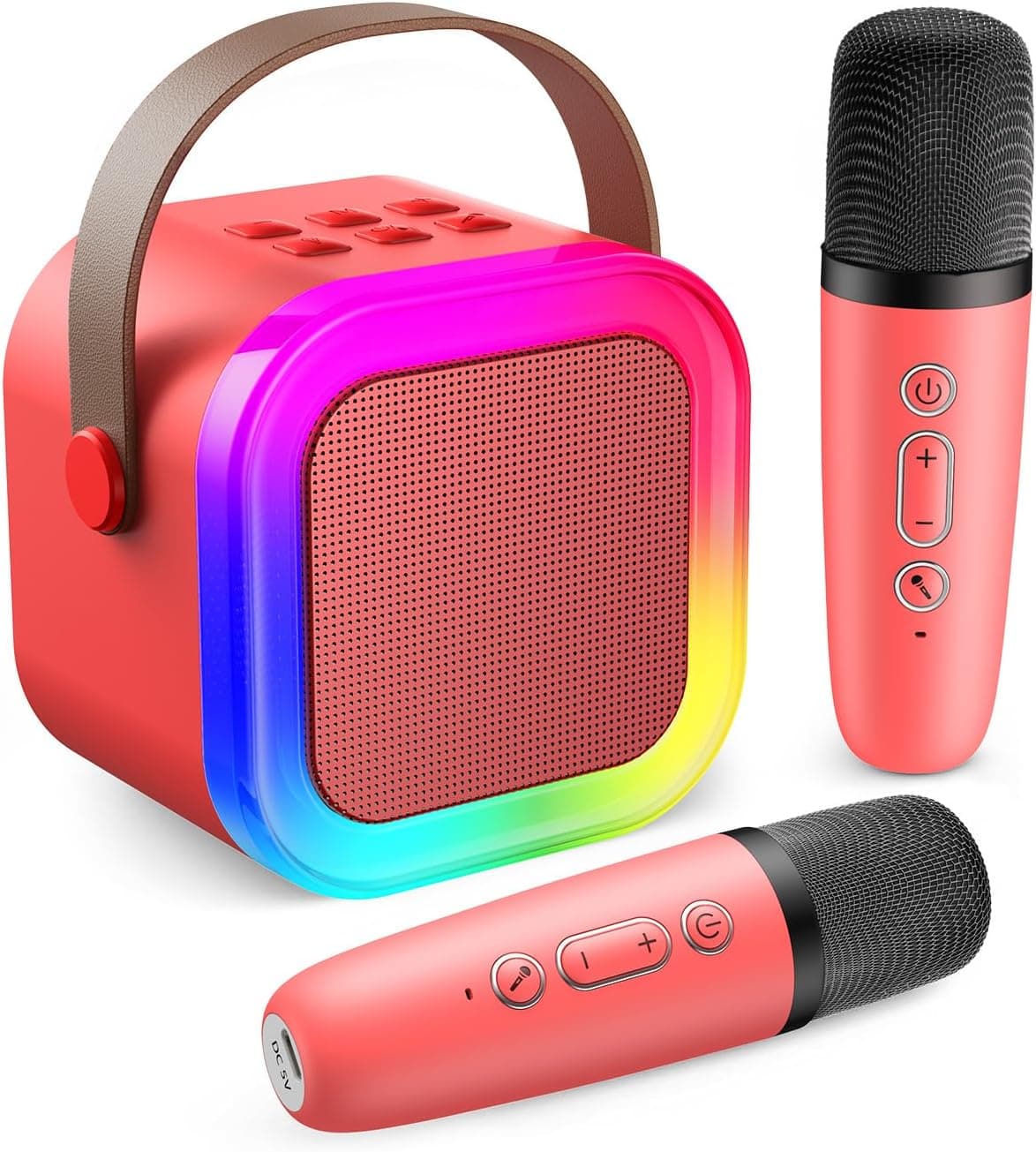 Fede Karaoke 2 Micrófonos para Niños, Mini Karaoke Infantil Micrófonos Inalámbricos Altavoz Bluetooth Portátil con Efectos de Cambio de Voz y Luces LED, Mejores Juguetes Regalos para Niñas Rojo