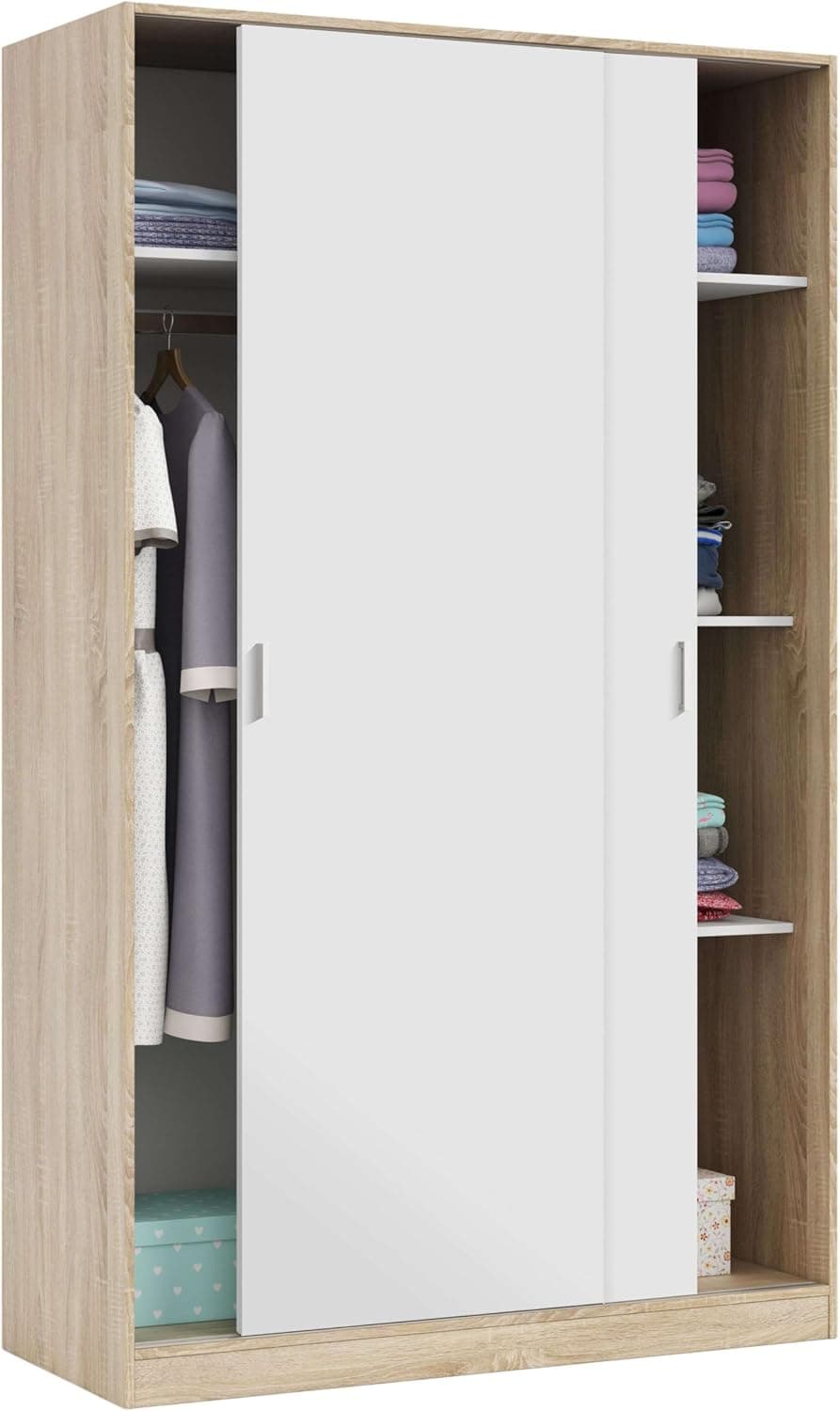 Habitdesign Armario 2 Puertas Correderas y Estantes, 200x120x50 (AltoxAnchoxFondo - en cm). Ropero Dormitorio Principal, Armario Infantil, Color Blanco Artik y Roble Canadian