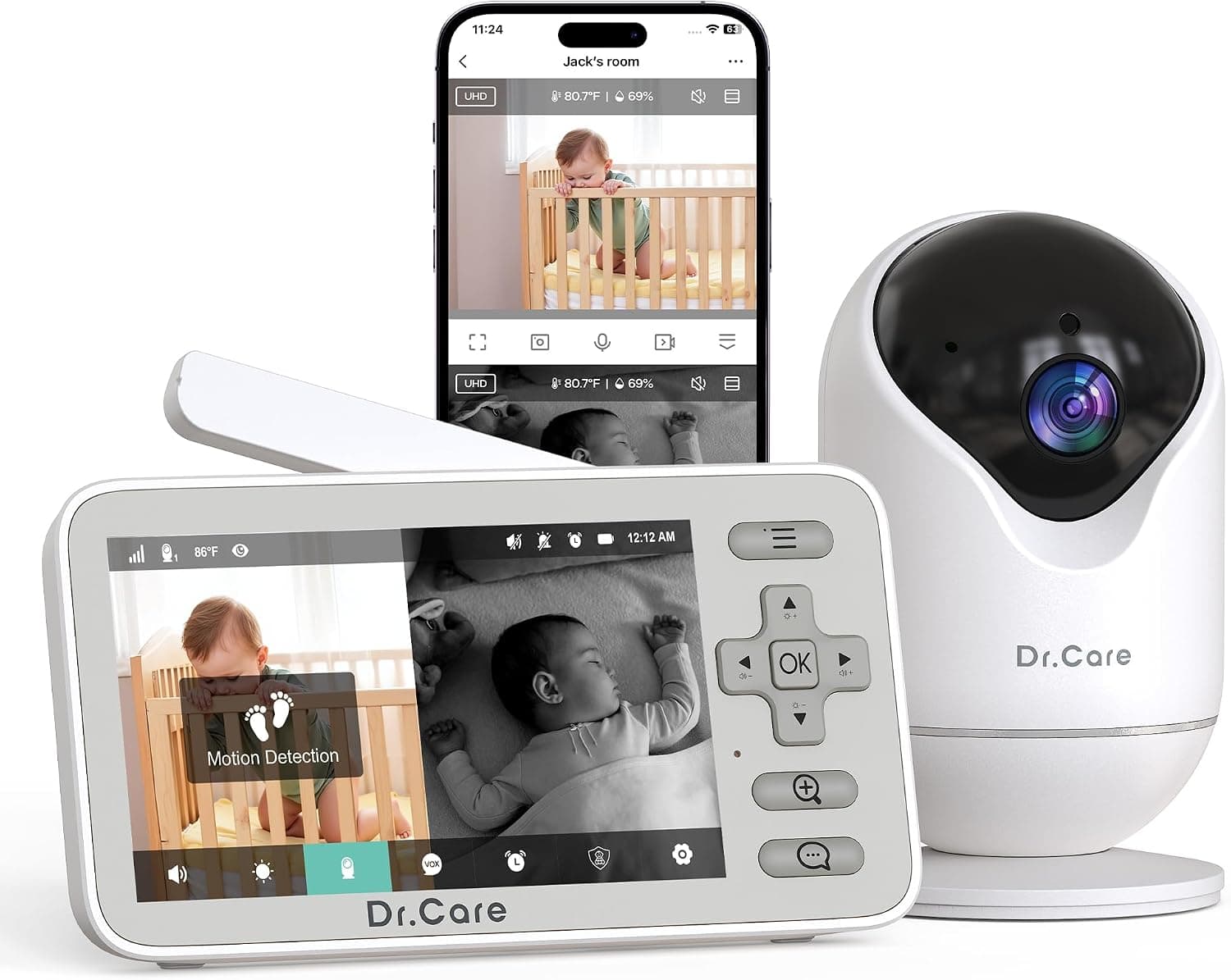 Dr.Care Camara Vigilancia Bebe WiFi 1080p, 4", Alerta Movimiento & 3000mAh