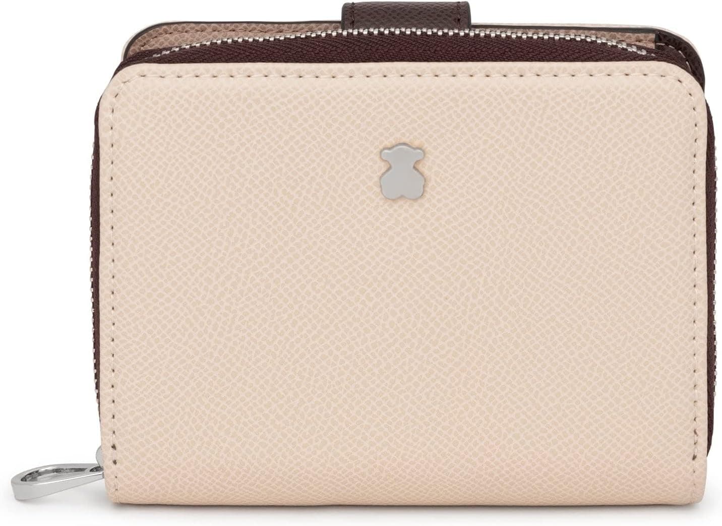 TOUS Cartera de Poliuretano con Efecto Saffiano en Marrón y Beige, Cierre Presión y Cremallera, Medidas 12 x 10 x 3 cm, Bonito y Chic, Colección Dubai