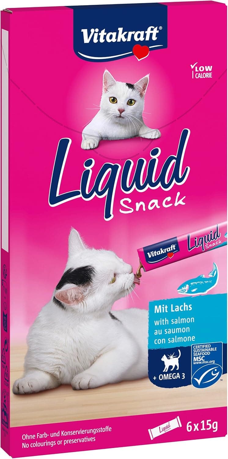 Vitakraft Liquid Snack, Snack cremoso para Gatos, con salmón y ácidos grasos Omega 3, en bolsitas Individuales, para una Piel Sana (1 Paquete de 6X 15g)