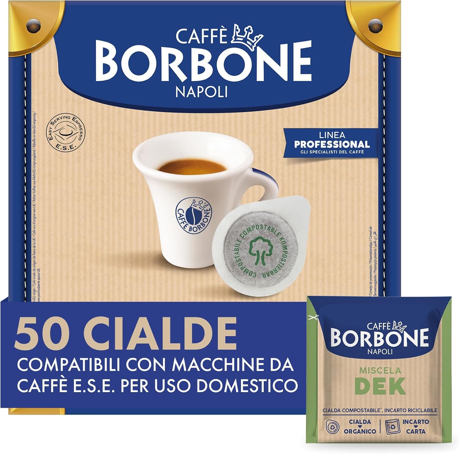 Caffè Borbone Cápsulas Compostables, Mezcla de Café Dek Descafeinada - 50 cápsulas - Compatibles con el Sistema ESE Cápsulas de Papel de 44 mm