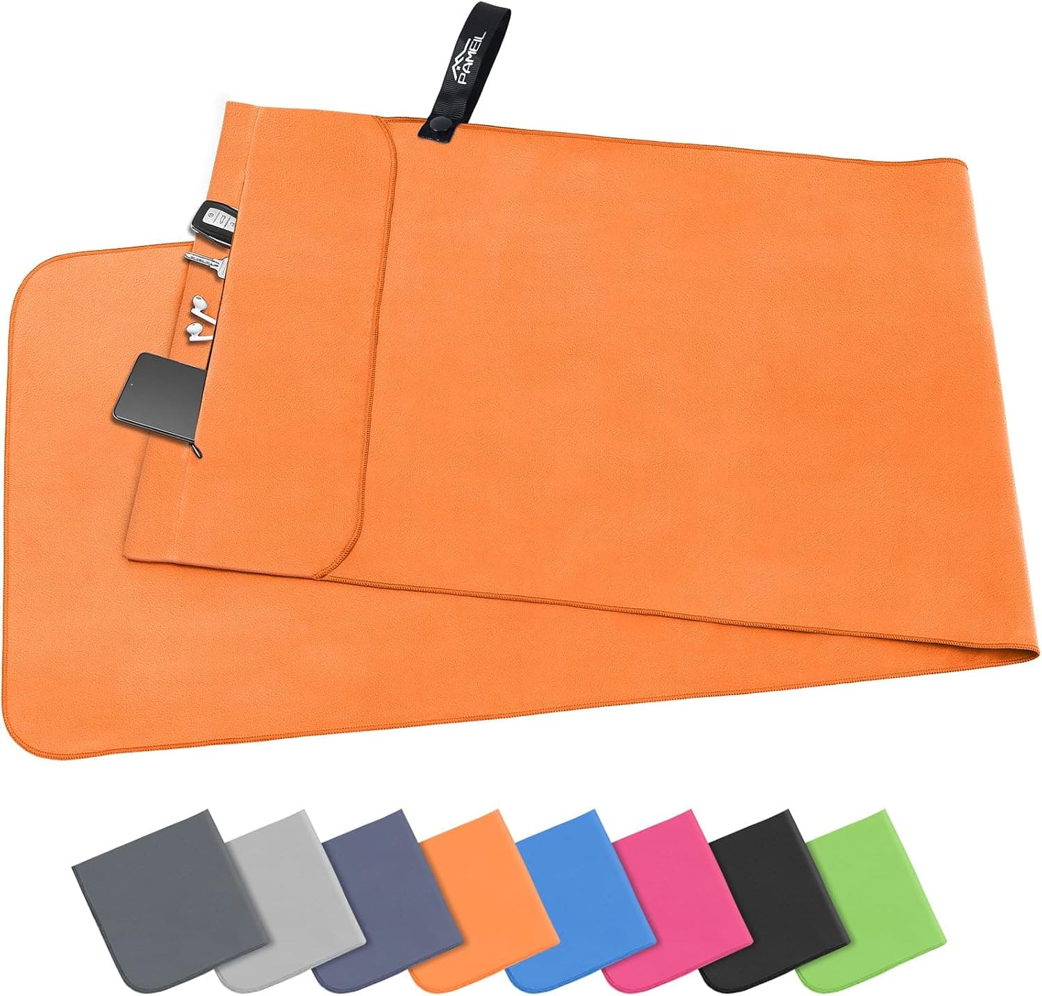 Pameil Toalla de Microfibra | 120x50cm Toalla Deporte Ligera, Absorbente y de Secado Rápido | Toalla Gimnasio con Bolsillo De Cremallera para Playa, Camping, Yoga y Sauna (Naranja)