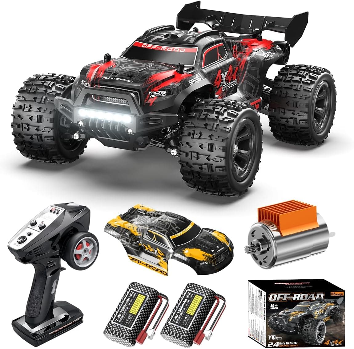 Coche teledirigido 4x4 Todoterreno 1:18 con Doble batería 1500 mAh, Velocidad 36 km/h, Dos carrocerías, con 2 carrocerías en Distintos Colores,Regalo Ideal para niños y Adultos