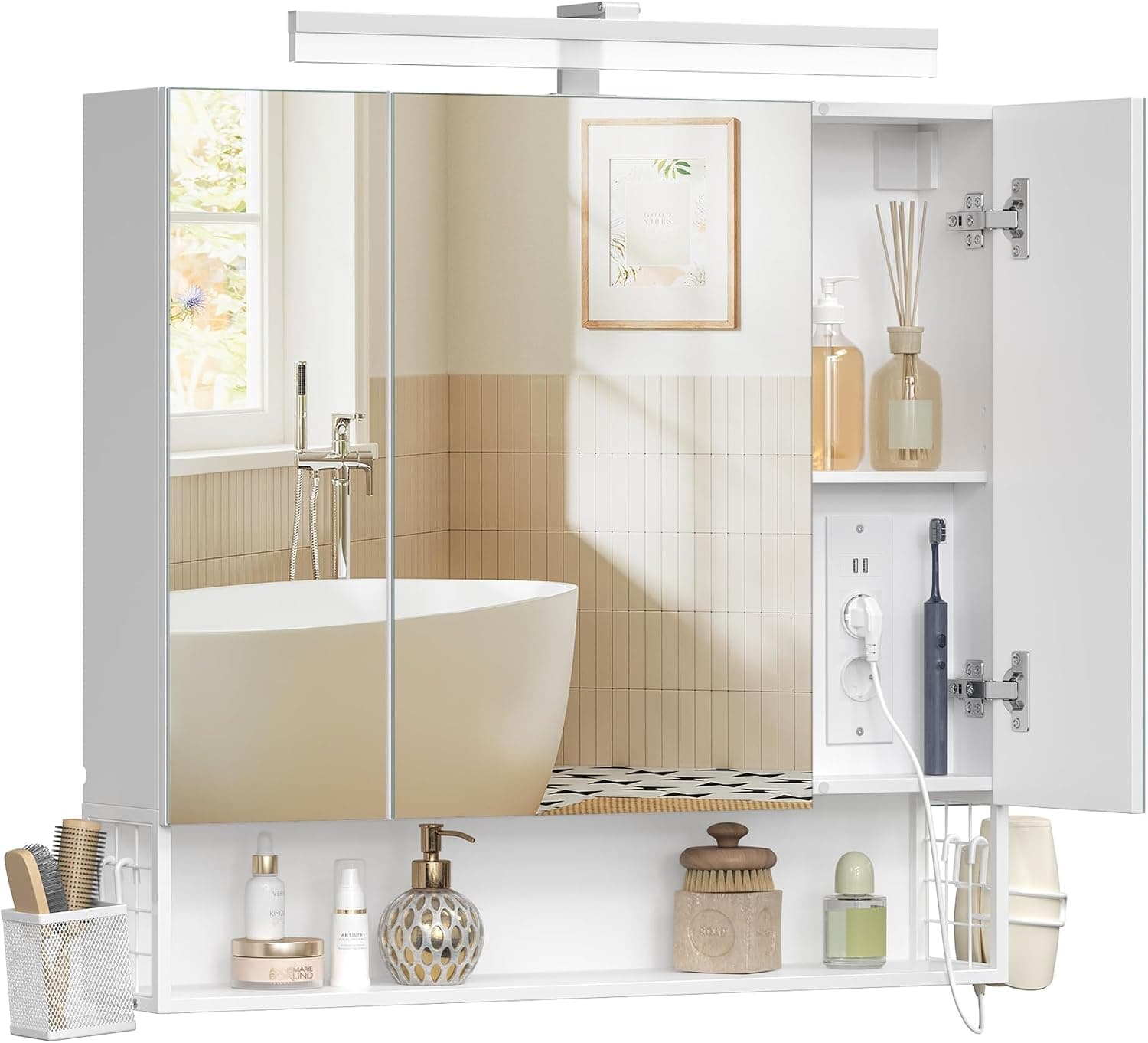 VASAGLE Armario de Baño con Espejo 3 Puertas, Enchufe, Cesta Colgante