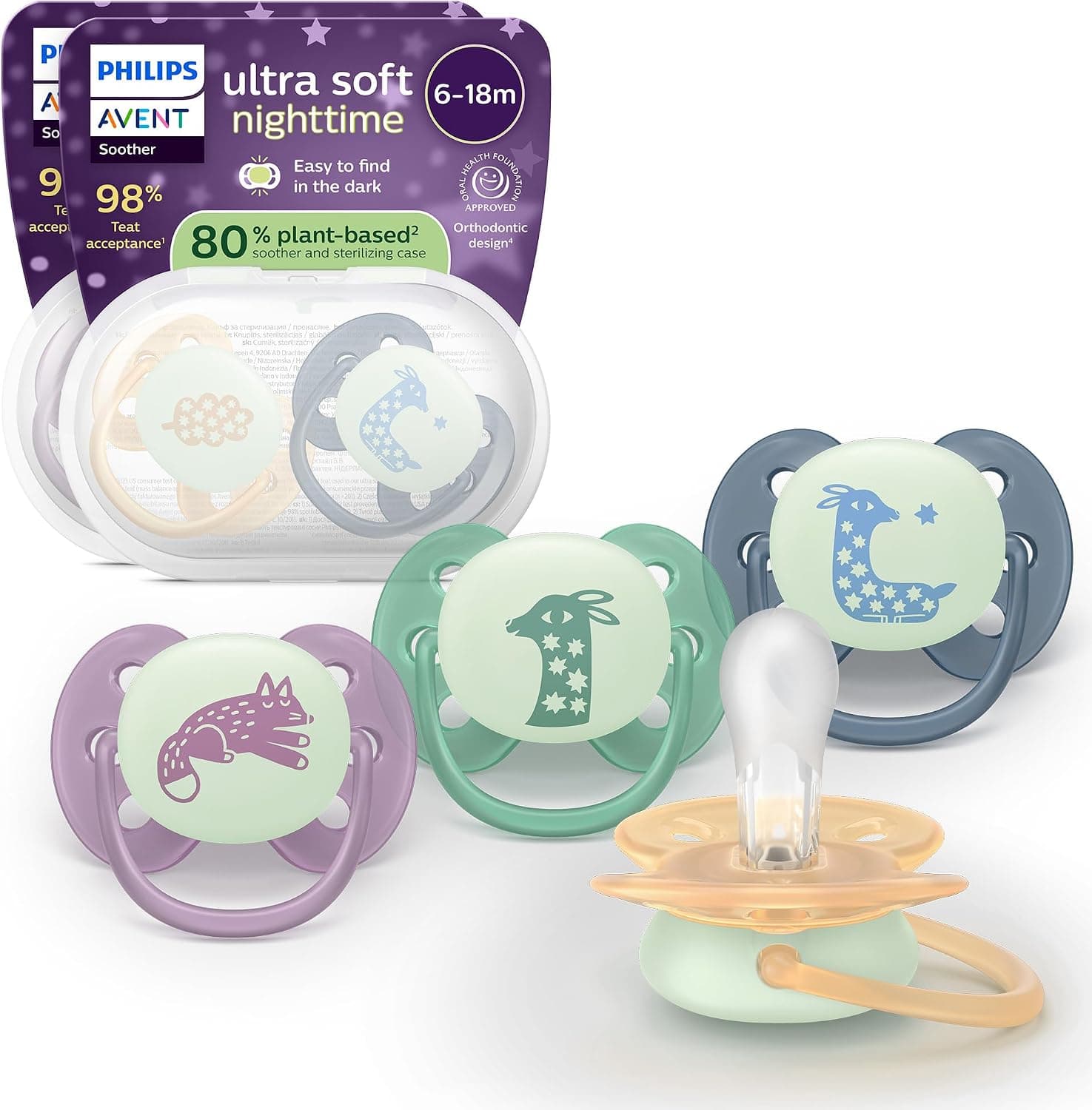 Philips Avent Chupetes Ultra Soft Nighttime - Diseño ortodóntico, para bebés de 6-18 meses, brillan en la oscuridad, tetina simétrica de silicona, sin BPA, estuche esterilizador, pack de 4, SCF094/08