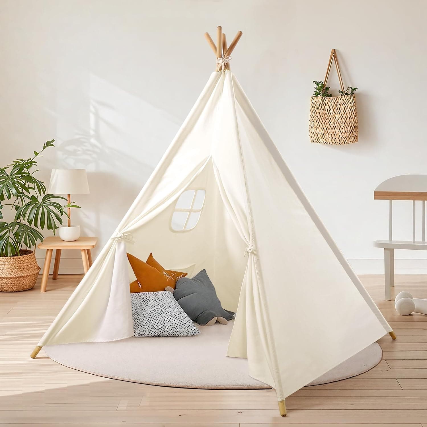 Wilwolfer Tienda Tipi Infantil de algodón con banderines y Bolsa de Transporte, Tienda de Juego Plegable para niñas y niños (Blanco Natural)