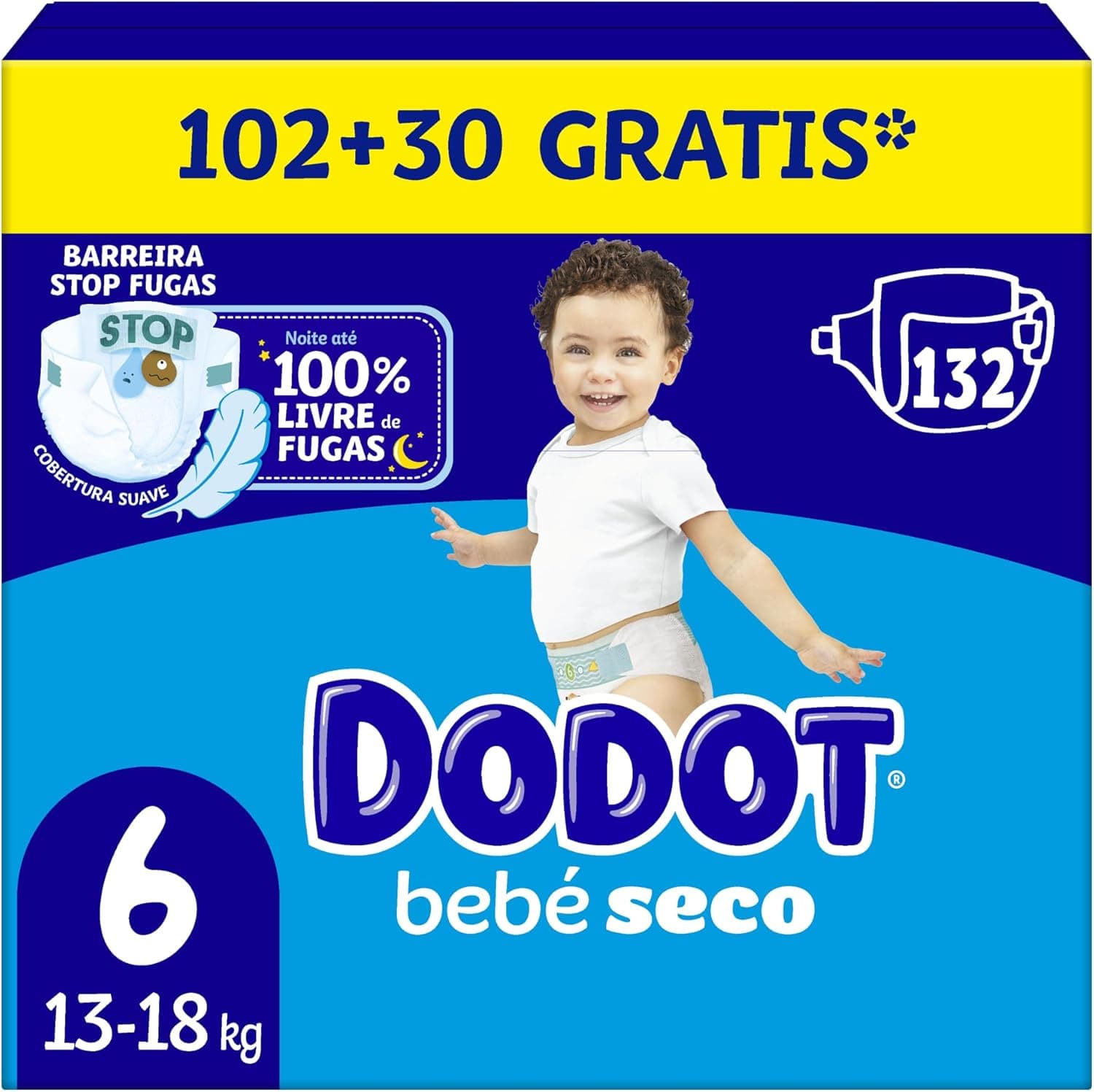 Dodot Pañales Bebé-Seco, Talla 6 (13-18 kg), 132 Pañales + 1 Pack de 10 Toallitas Regalo de Aqua Plastic Free, Una Noche Hasta Un 100% Libre De Fugas, Pack Mensual