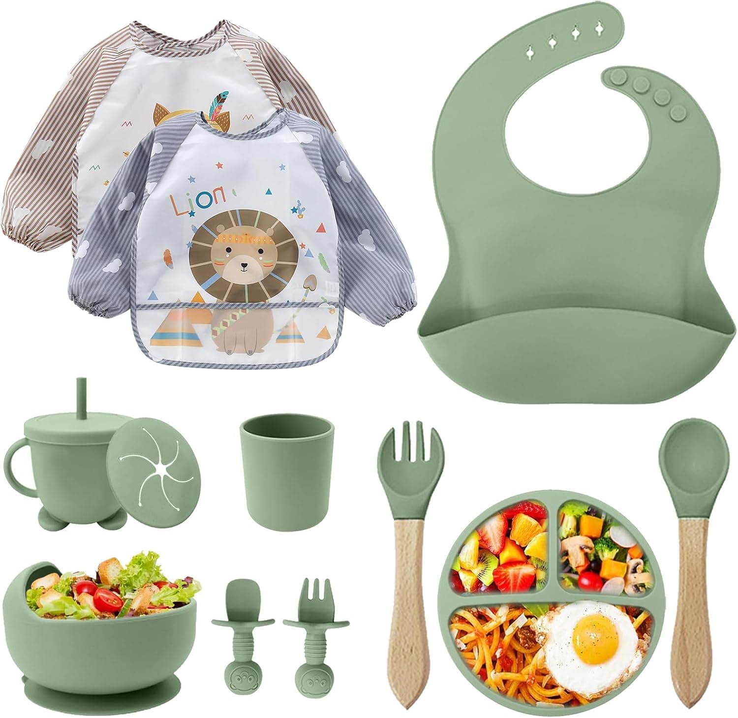 Cubiertos Bebe,Juego de 12 Piezas Platos Bebe con Ventosa, Baby Led Weaning,Cubiertos Infantiles,Juegos de Vajilla Bebe,Cuchara Bebe,Babero Silicona Bebe,Plato de Silicón Antideslizante Sin BPA