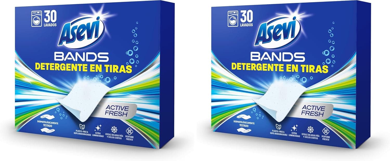 Asevi Bands Detergente en Tiras para Lavadora Active Fresh Concentrado Hipoalergénico para Ropa Blanca y de Color Limpia - Blanqueantes Ópticos para un Extra de Luminosidad - 2 x 30 Lavados