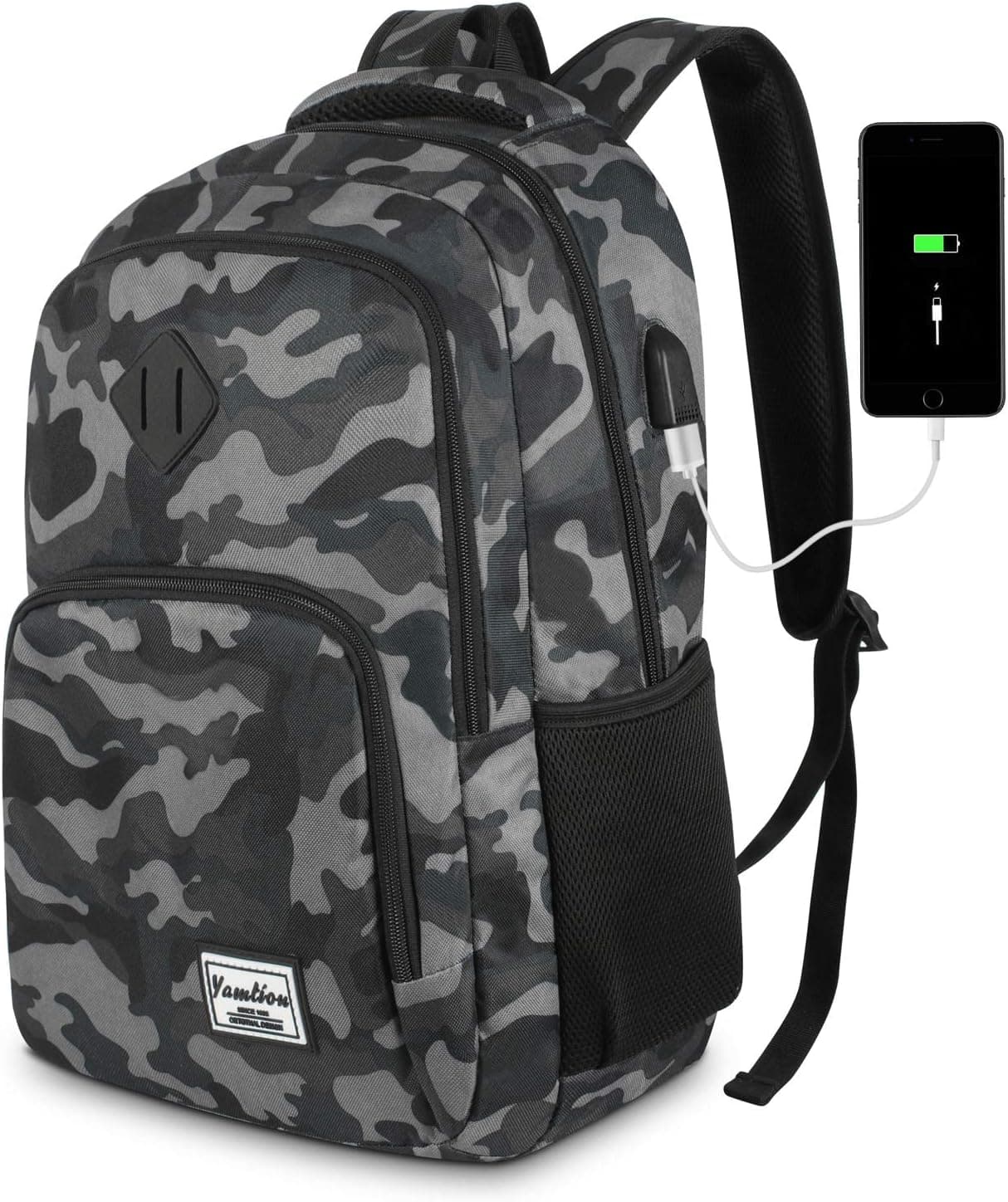 YAMTION - Mochila para ordenador portátil de 15,6 pulgadas, para hombre y mujer, con puerto de carga USB para universidad de negocios 35 L (15,6 pulgadas, B6-camuflaje negro)