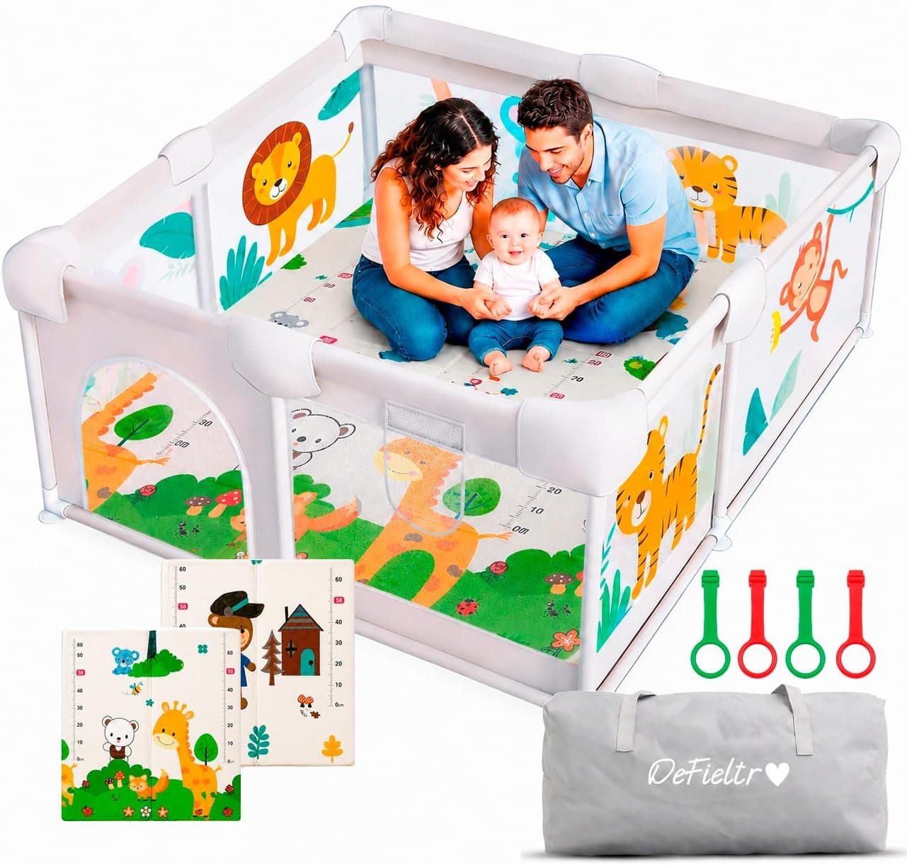 Parque Infantil Bebe 120x120 - Corralito Bebe con Malla de Animales Transpirable - Corral Plegable Baby ANTIDESLIZANTE - Alfombra Acolchada + 4 Anillas + Bolso de Transporte