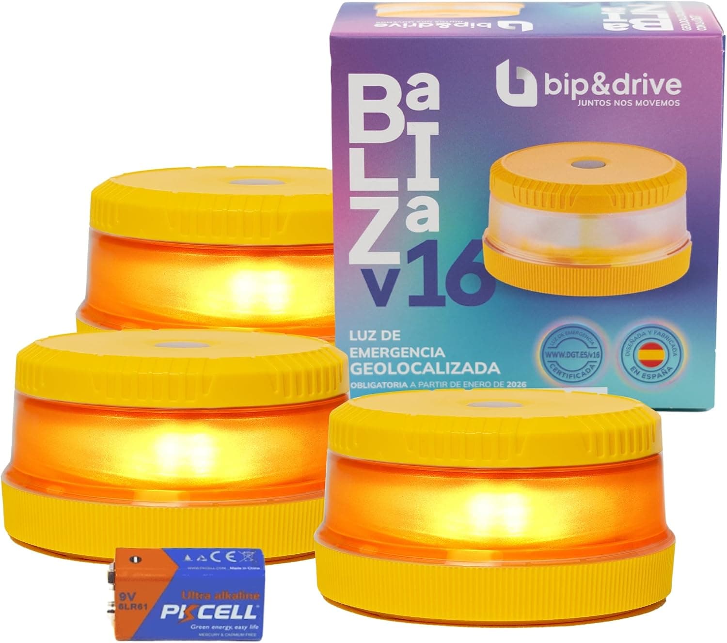 Baliza V16 Homologada DGT con Geolocalización | Luz de Emergencia Coche LED 360° 1km | Conectada DGT 3.0 | Resistente a la Lluvia | Indicador de Batería y Base Imantada | Bip&Drive (Pack x3)