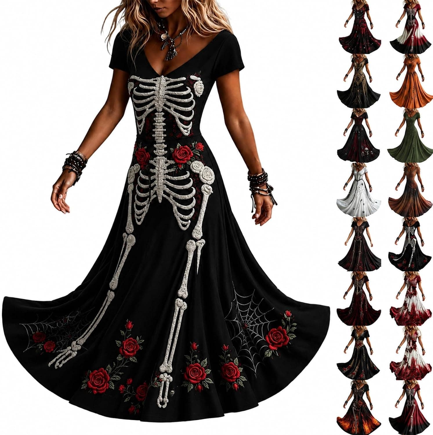 Vestido Halloween Mujer,Disfraz Esqueleto Mujer Vestido Gotico Maxi