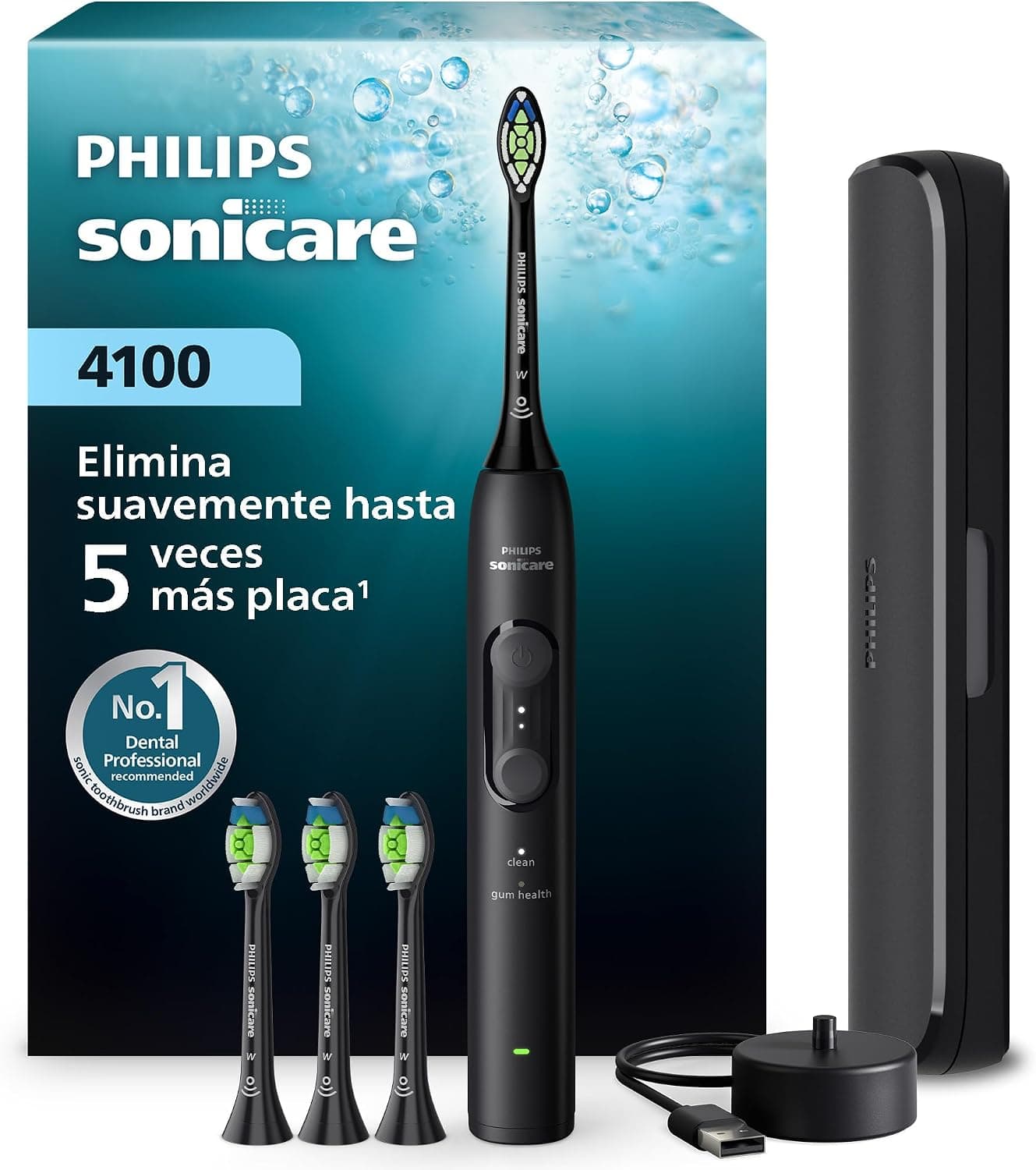 Philips Sonicare Serie 4100 - Cepillo dental sónico con sensor de presión, 4 ajustes de cepillado, función EasyStart, SmarTimer, autonomía de 21 días, estuche, negro, HX4046/52, [Nuevo]