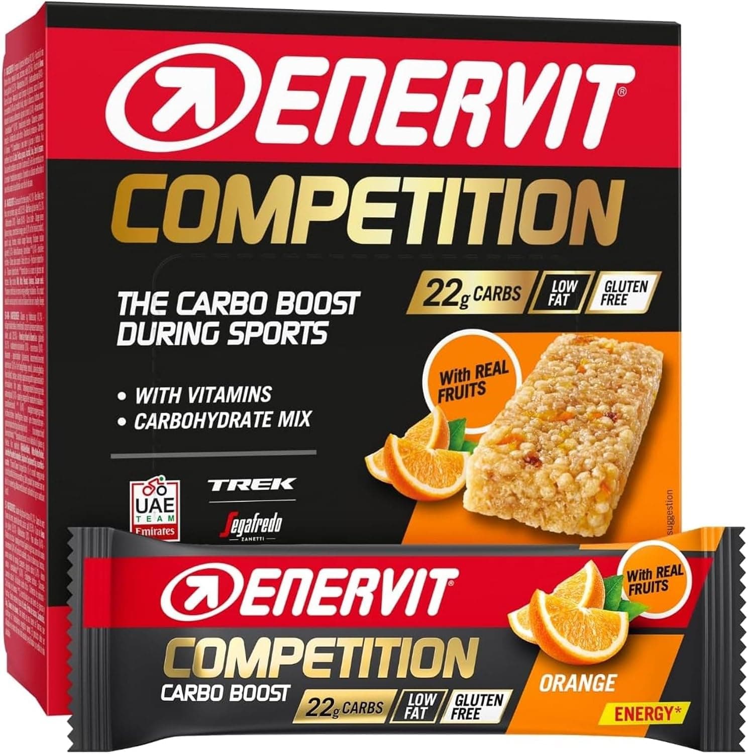 Enervit Competition Bar Naranja, Barritas Energéticas con Trozos de Naranja, Fórmula Técnica, Para Actividades de Alta Intensidad, 22g de Carbohidratos, Vegano, Sin Gluten, 12 Barritas de 30g