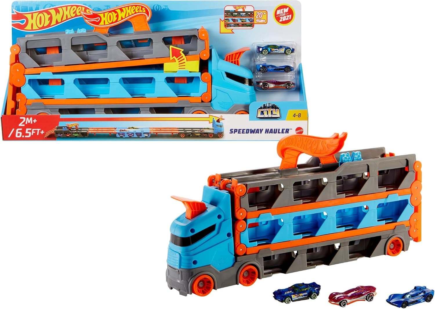 Hot Wheels City - Camión autopista, Pista de Coches de Juguete de 2 Metros con Lanzador, Incluye 3 vehículos (Mattel HGH33)