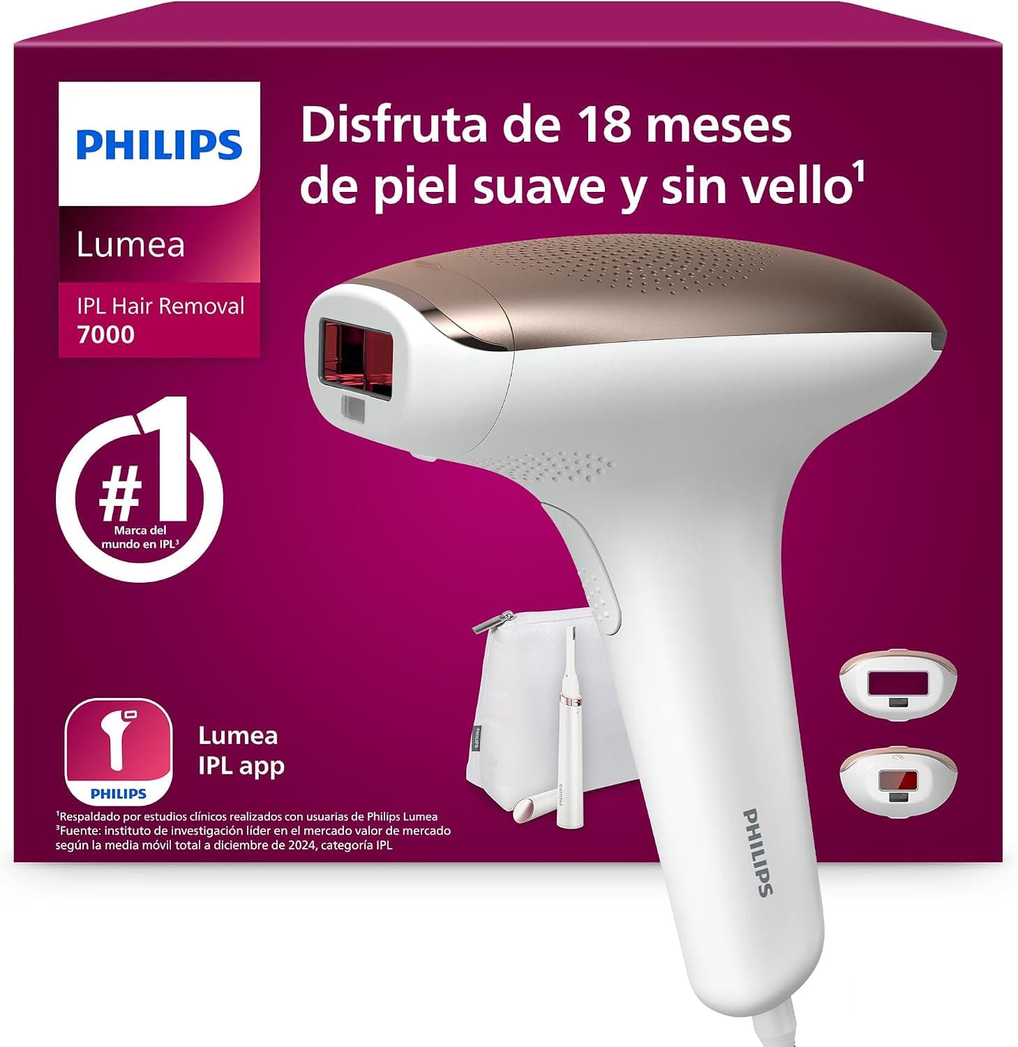Philips Lumea serie 7000, dispositivo de depilación IPL, alternativa de depilación láser, con lápiz recortador compacto Satin, 2 accesorios para el cuerpo y la cara, modelo BRI921/00