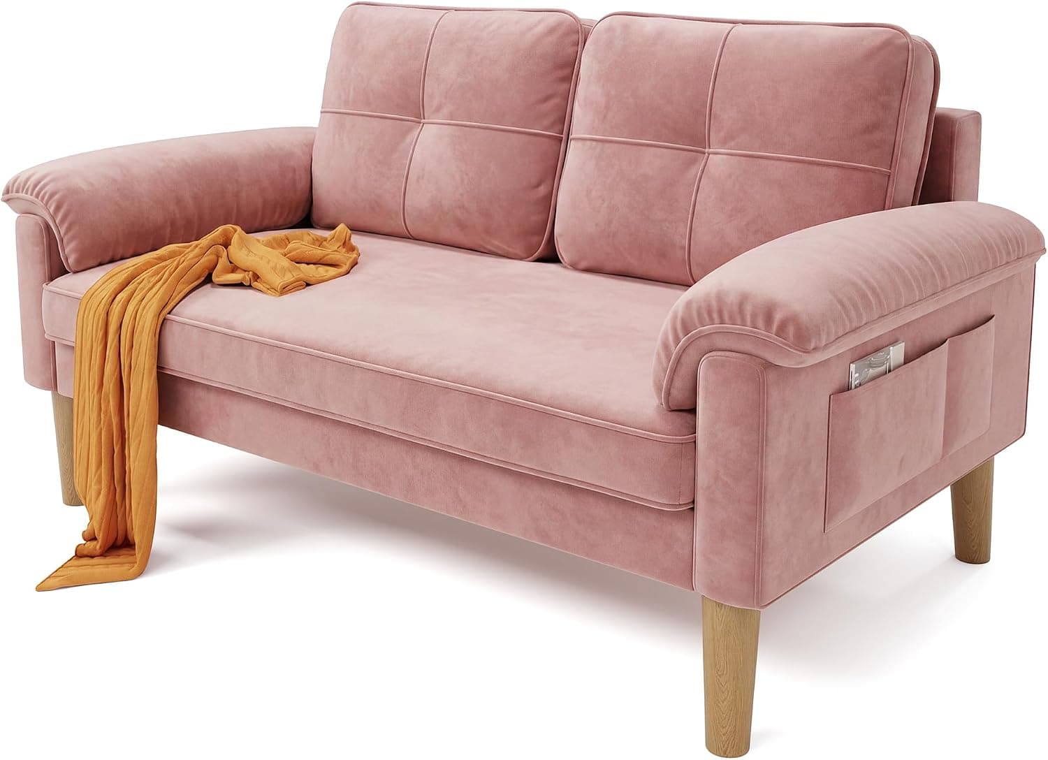 Xbro Sofá 2 Plazas con Reposabrazos y Bolsillo Lateral, Sofá Compacto de Tela para Salón, Apartamento u Oficina, Montaje Fácil, 145 x 77 x 77 cm,Rosado