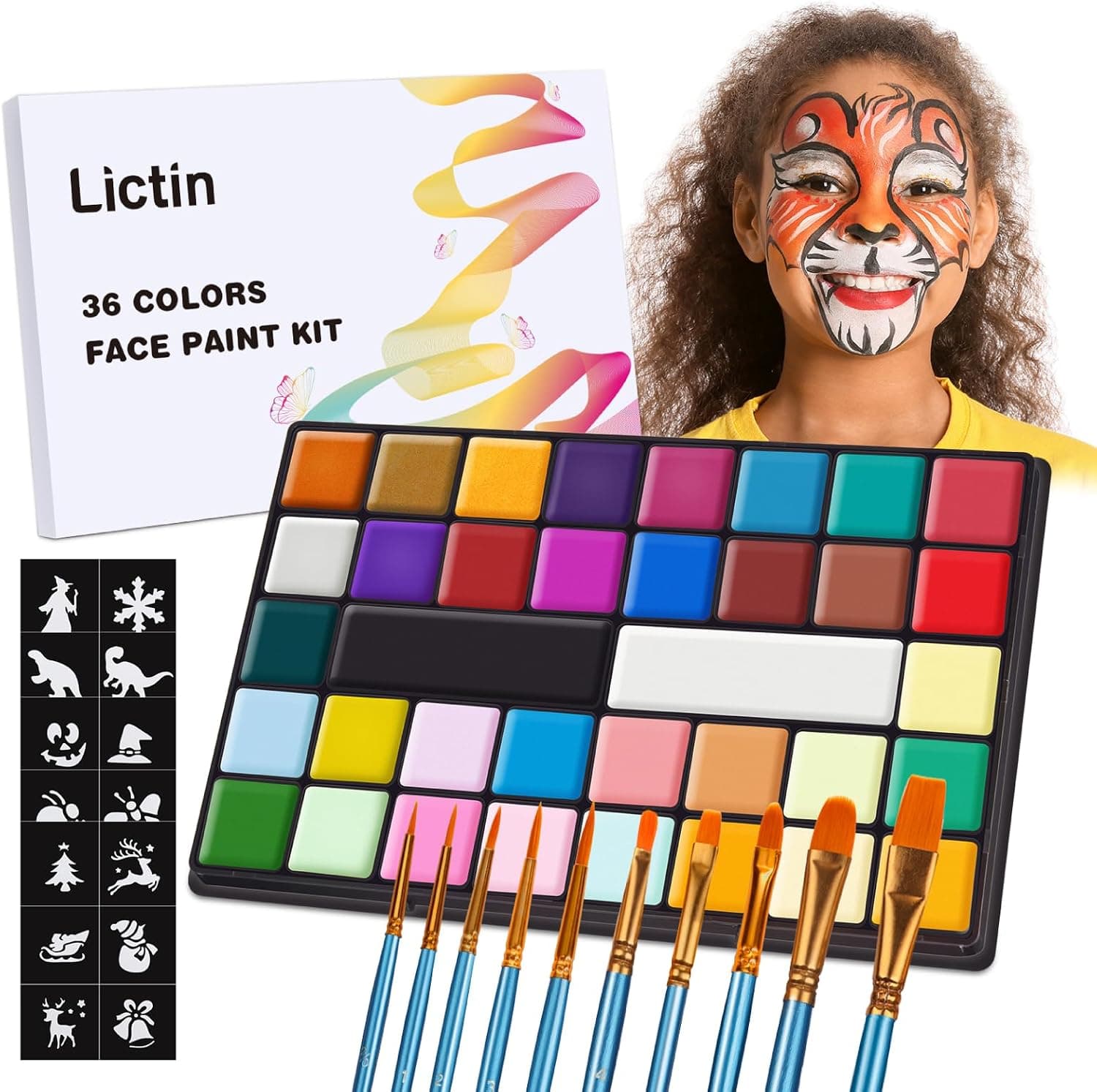 Lictin Pinturas Cara y Corporales-36 Colores+10 Cepillos+5 plantillas, Pintura Facial Corporales Seguro y Saludable Pintura Facial Lavable para Arte Fiesta de Halloween,Cumpleaños,Navidad,Gran regalo