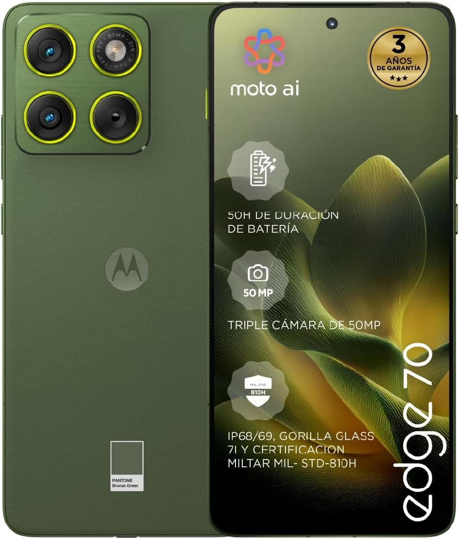 Motorola Edge 70 24GB (12GB+12GB RAM Boost)/512GB Bronze Green, España. Diseño increíblemente Fino. Pantalla Super HD de 6,7". Triple cámara 50MP con Moto ai. 4800 mAh. Durabilidad de Grado Militar