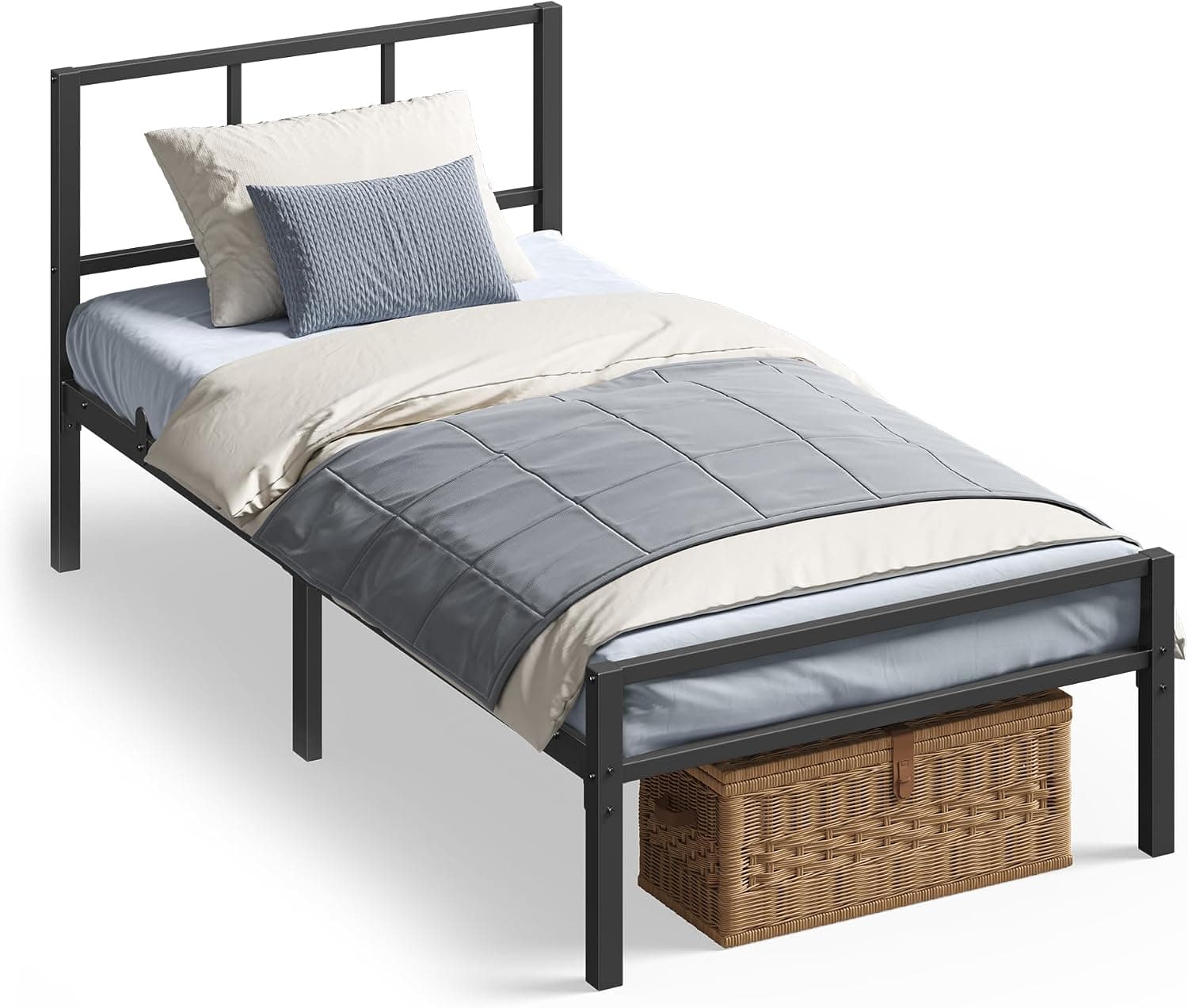 VASAGLE Cama Individual, Marco de Metal, Cabecero, Negro Mate, 90 x 190 cm