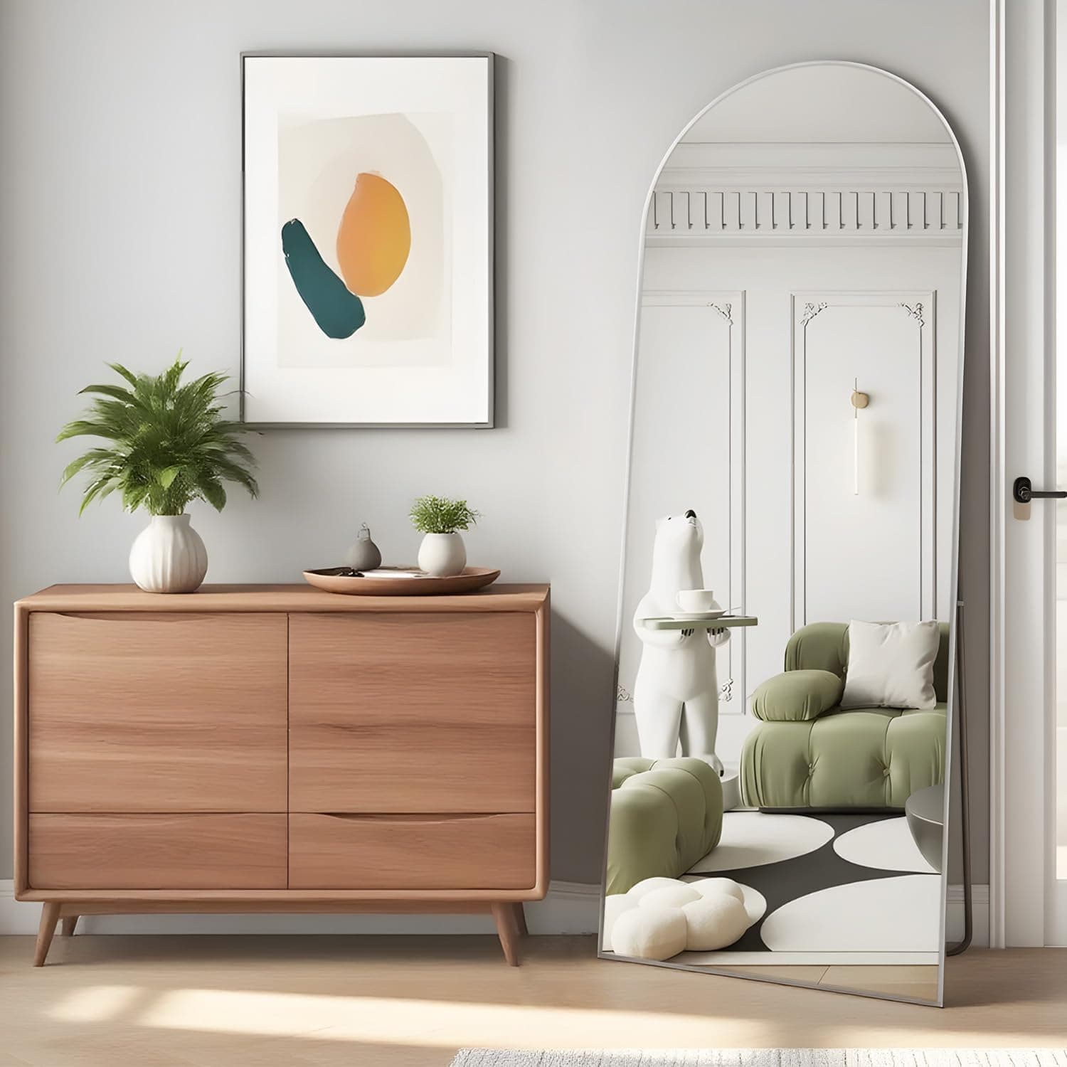 Espejo de Cuerpo Entero Espejo Arco de 141 x 40 cm, Espejo de pie con Soporte, Blanco Arqueado Cuerpo Completo, Espejo de pie o Inclinado para Dormitorio, Sala de Estar