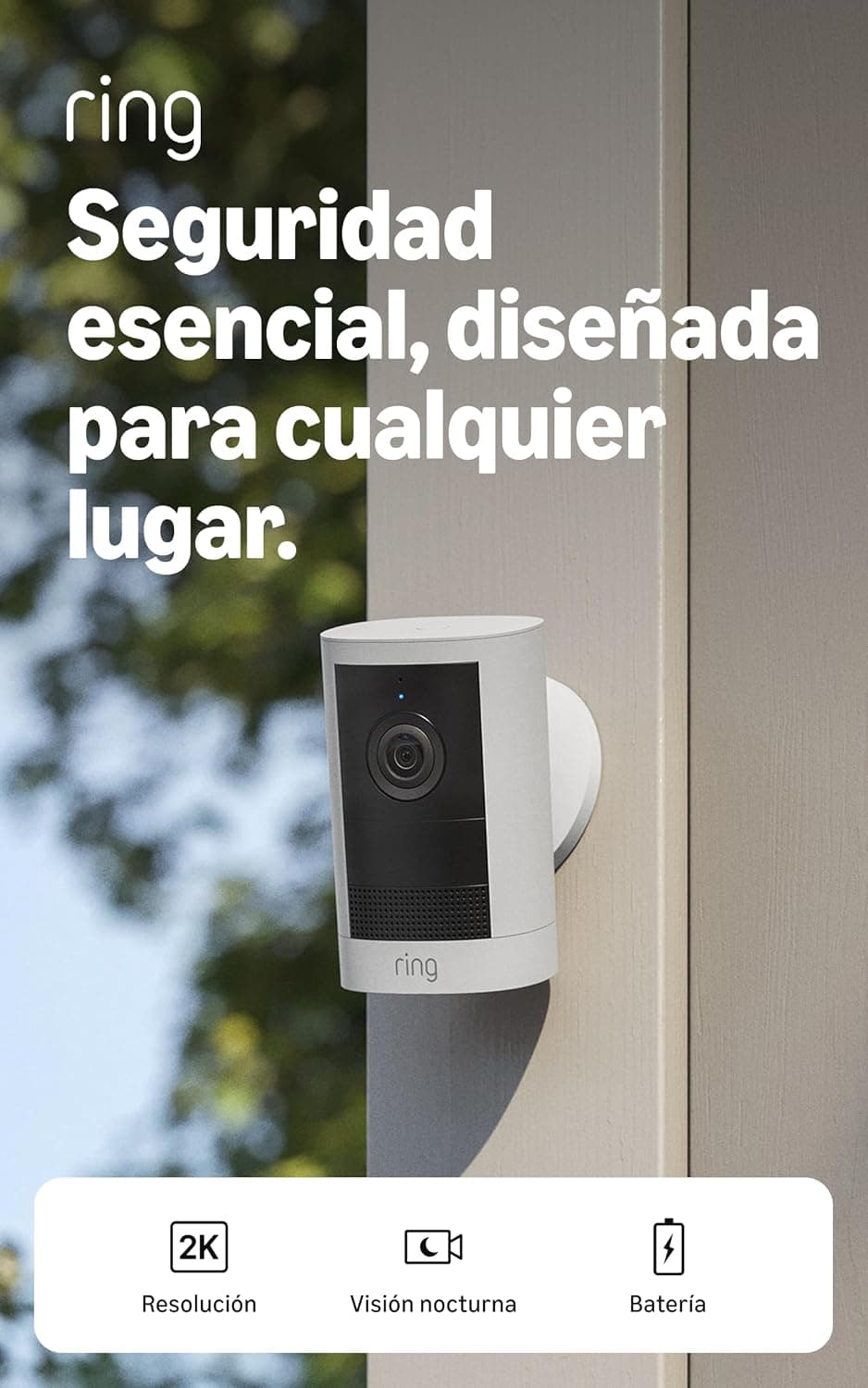Ring Outdoor Camera 2K, Cámara exterior, Batería (última gen.), Fácil instalación por cuenta propia, Vídeo Retinal 2K de gran angular, Zoom mejorado de hasta 6 aumentos y visión nocturna, Blanco