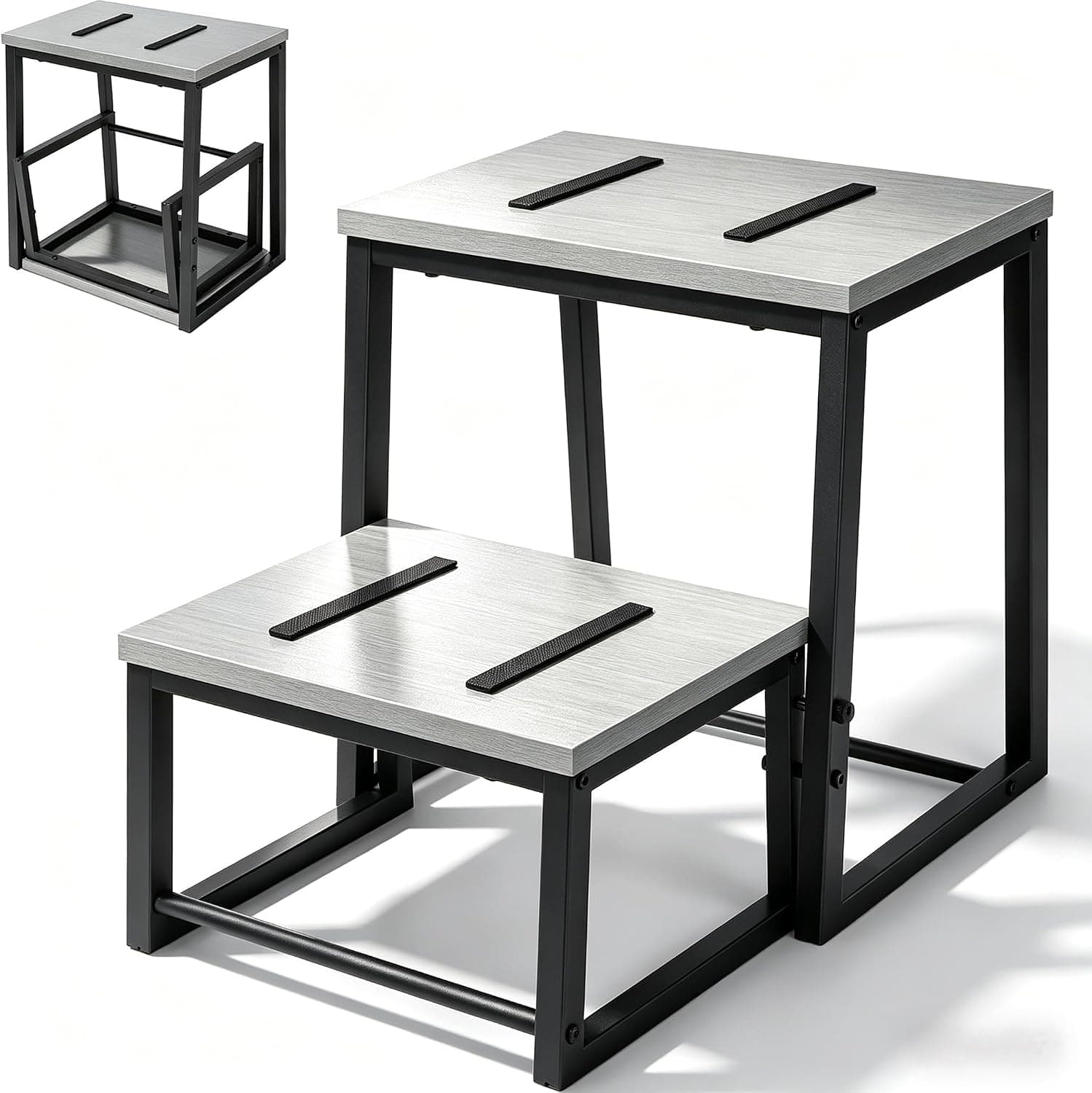 3 en 1 Escalera 2 Peldaños Taburete Madera Plegable Escalon Infantil Gris