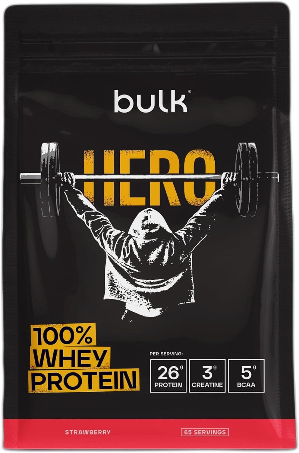 Bulk Hero Whey Protein Powder | Strawberry | 65 Servings | 26g Protein + 3g Creatine | 5g BCAAs | Low Sugar | Fast Absorption | Isolate, Hydrolysed & Concentrate Blend