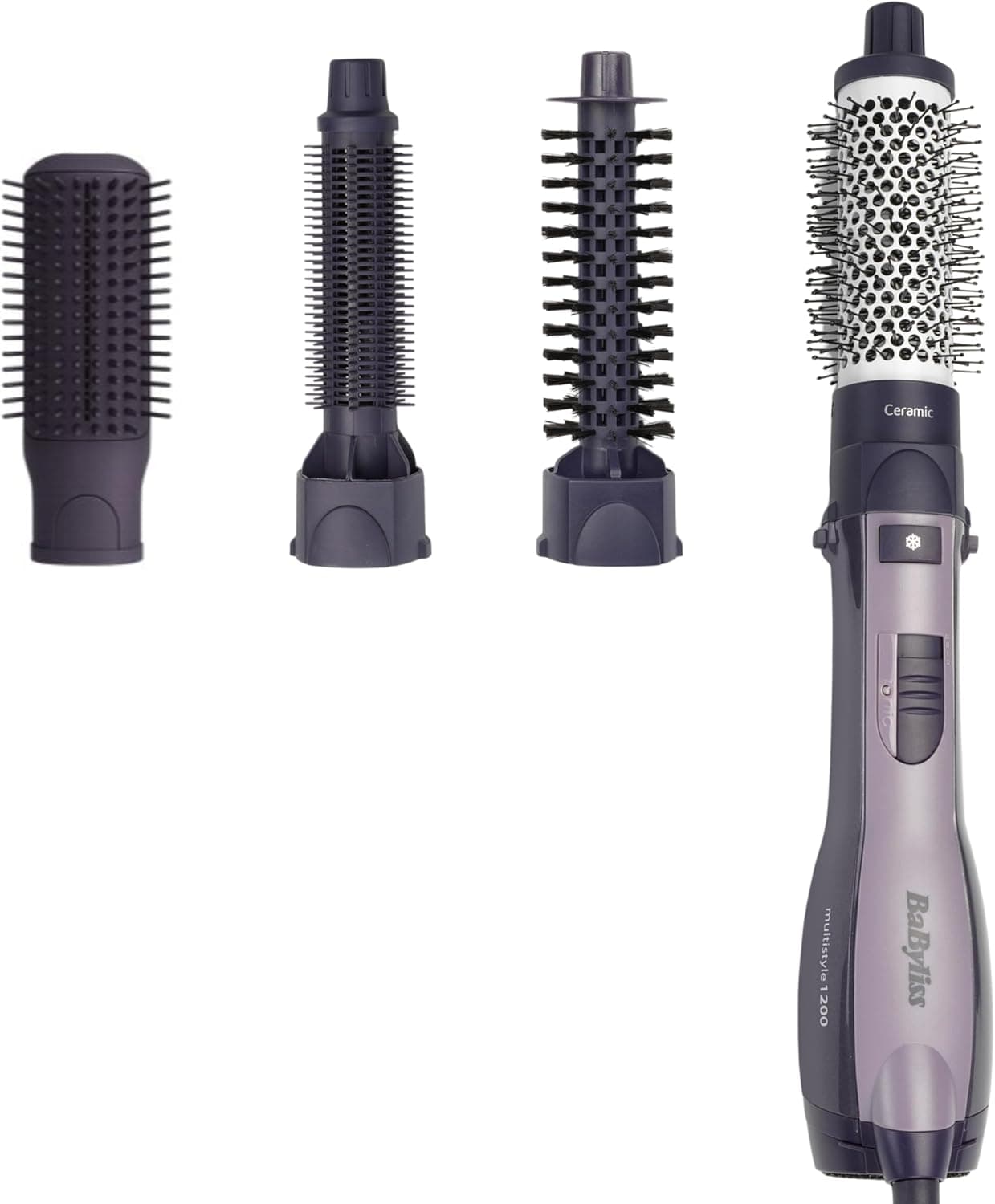 BaByliss Smooth Finish 1200 – Cepillo de Aire Caliente 4?en?1 para Secar, Alisar, Dar Volumen y Moldear, Tecnología Iónica & Cerámica, 4 Accesorios, 1200W, Negro, AS121E