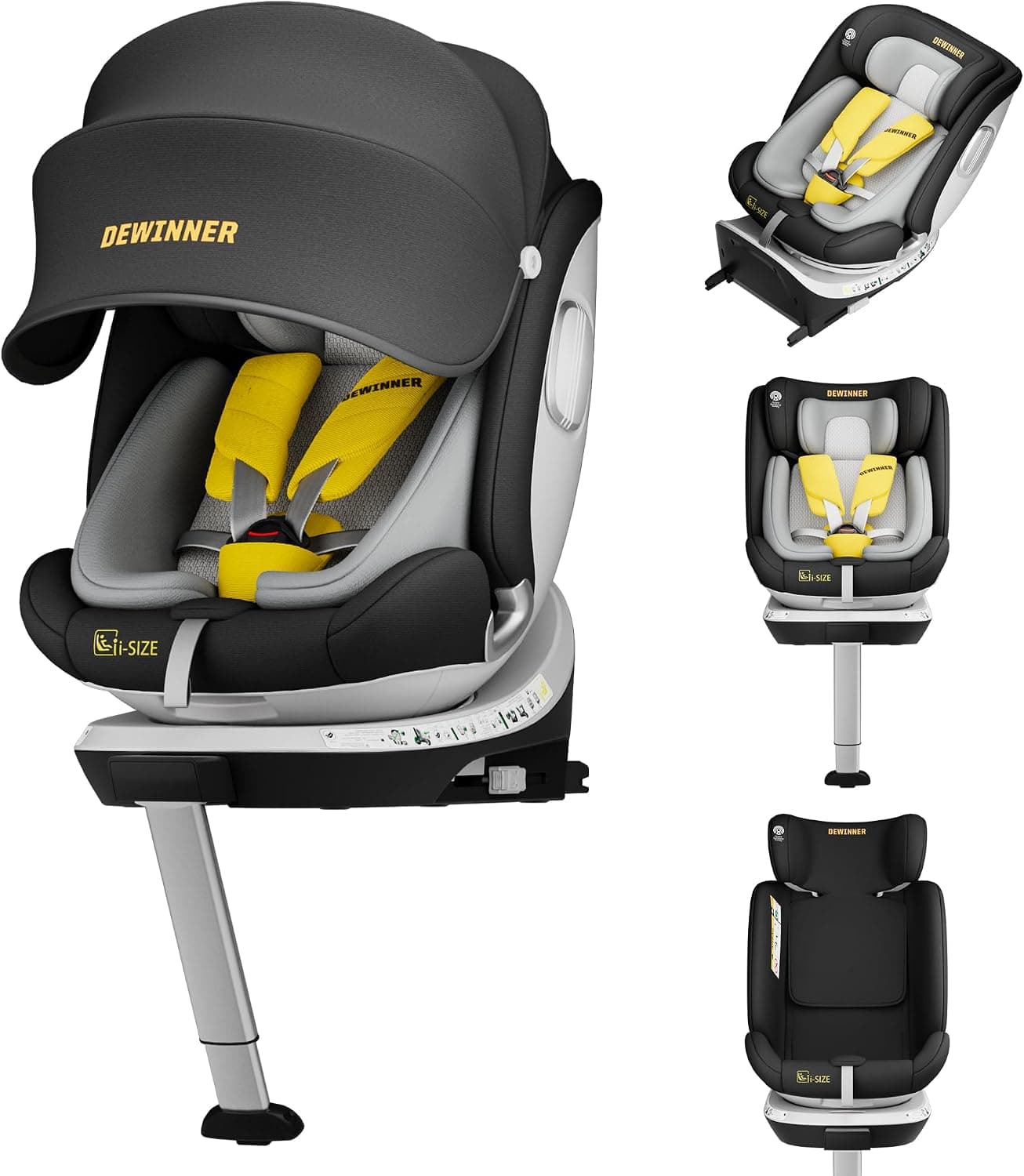 DEWINNER Sillas de Coche ISOFIX,I-Size 40-150 cm (0-36 kg),Silla Coche Bebé Grupo 0+/1/2/3, 5 Puntos Sillas de Coche Giratoria 360, RWF, FWF, Ajustable,Techo Anti-UV y Pata de Apoyo, ECER129 - Negro