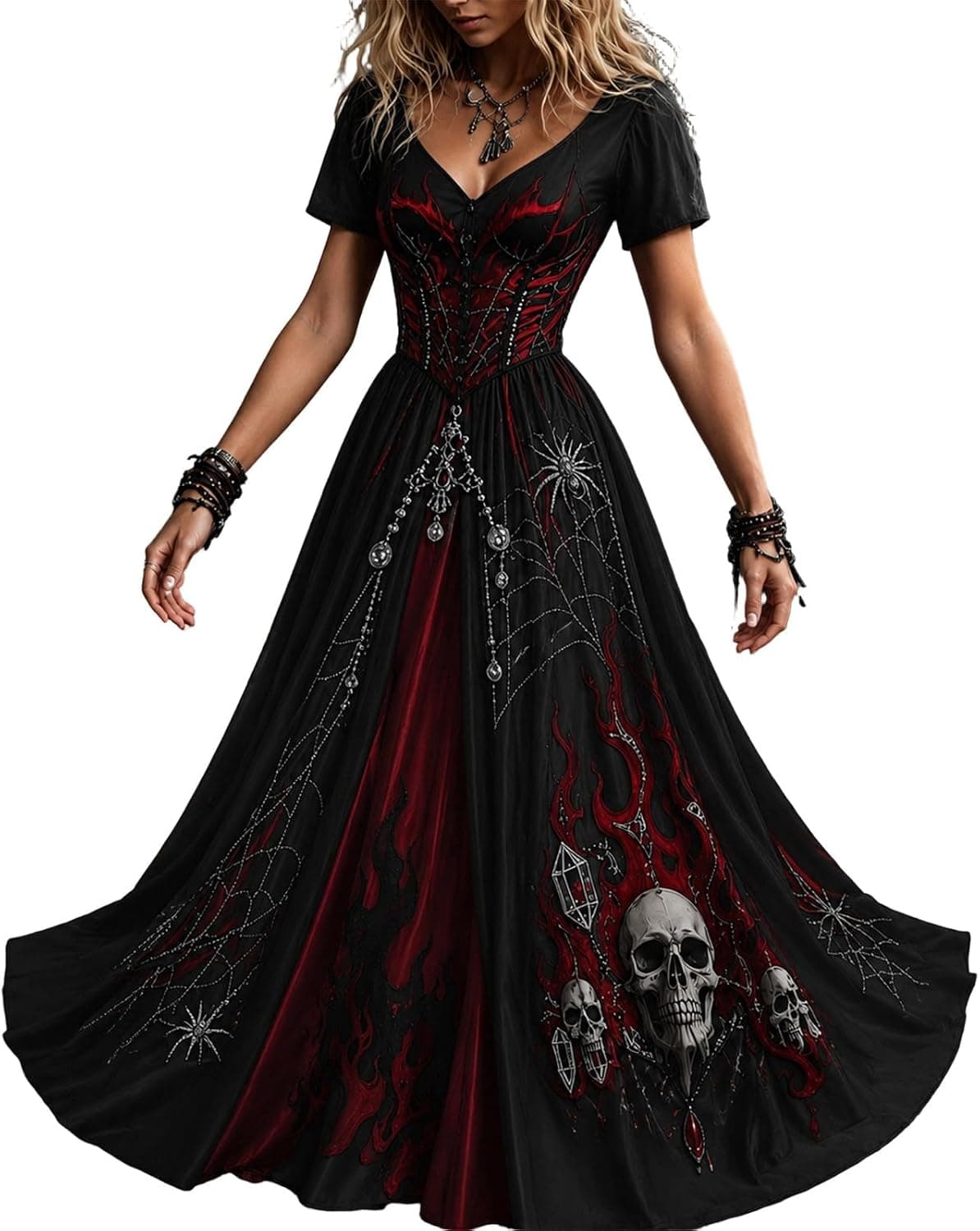 Vestido Halloween Mujer,Disfraz Esqueleto Mujer Vestido Gotico Maxi