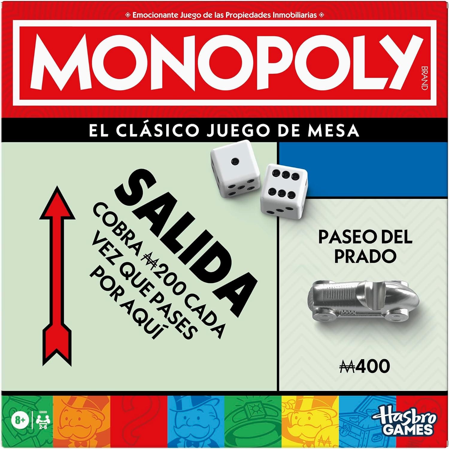 Hasbro Gaming, Monopoly Clásico, Juego de Mesa, Inversión en Familia, Tablero, Caja Almacenamiento, 6 Peones Grandes, Fiestas con Amigos, Multijugador, Dinero Colores, Juegos para niños y niñas