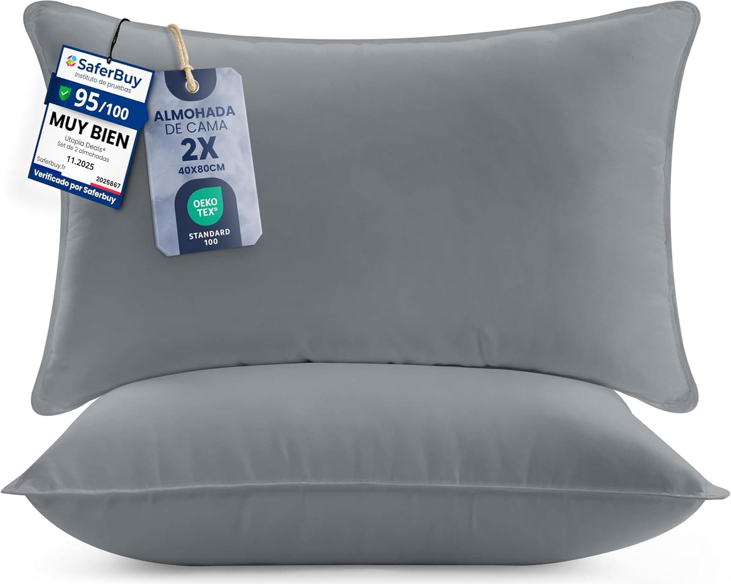 Utopia Bedding Almohada 40x80 cm Pack de 2, Fibra Hueca, Gris