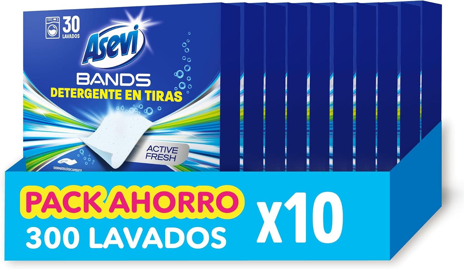 Asevi Bands Detergente en Tiras para Lavadora Active Fresh - Detergente Concentrado Hipoalergénico para Ropa Blanca y de Color Limpia - Blanqueantes Ópticos para un Extra de Luminosidad -10x30 Lavados