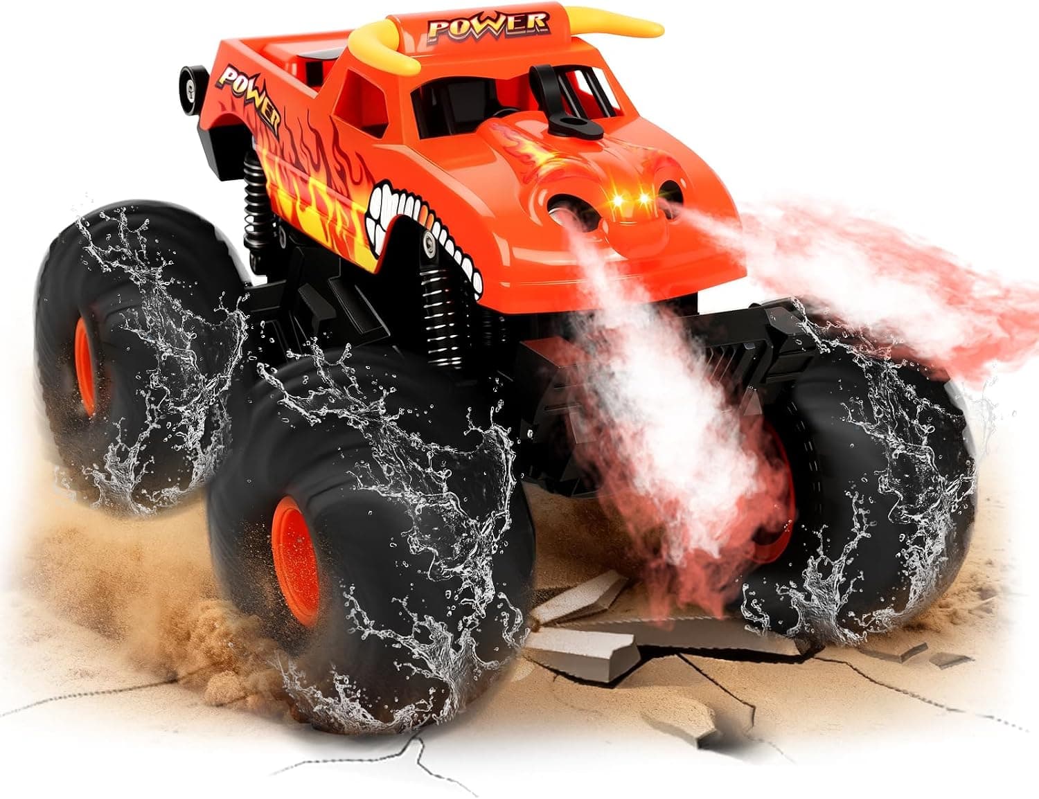 Charmofun Monster Truck Teledirigido, Anfibio Coche Teledirigido con Luces Led e 2 Baterías, 2.4GHz 360° Rotación Impermeable RC Monster Truck, Coche RC 1:16 para Niños (Rojo)