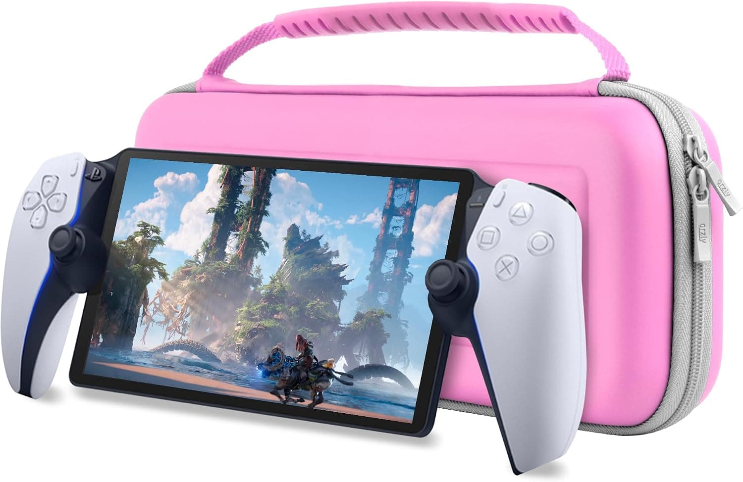 Funda rosa de Orzly para PlayStation Portal Remote Player para consola PS5 con accesorios, protección de viaje y almacenamiento para el cargador del auricular y más