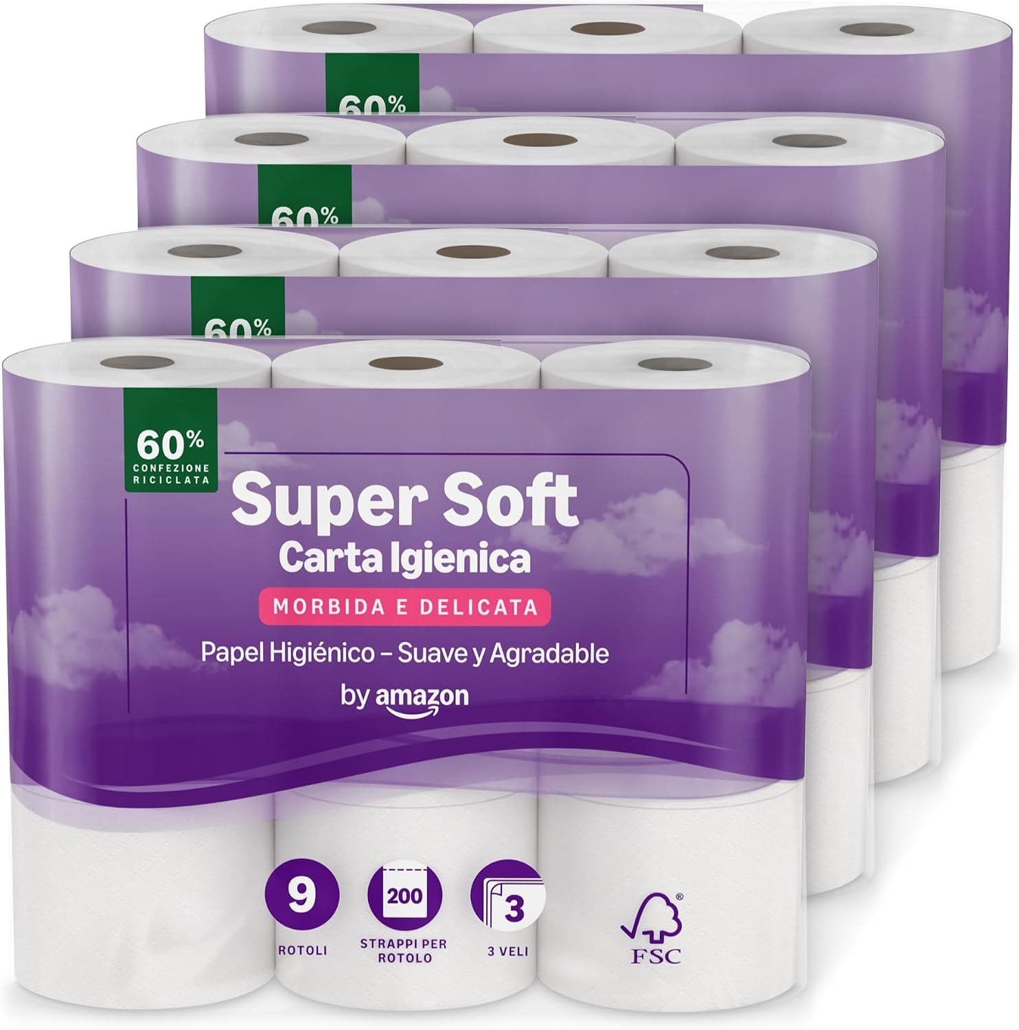 by Amazon Papel Higiénico Supersuave de 3 Capas, 36 Rollos (4 Paquetes de 9), 200 Hojas por Rollo, Con Certificación FSC