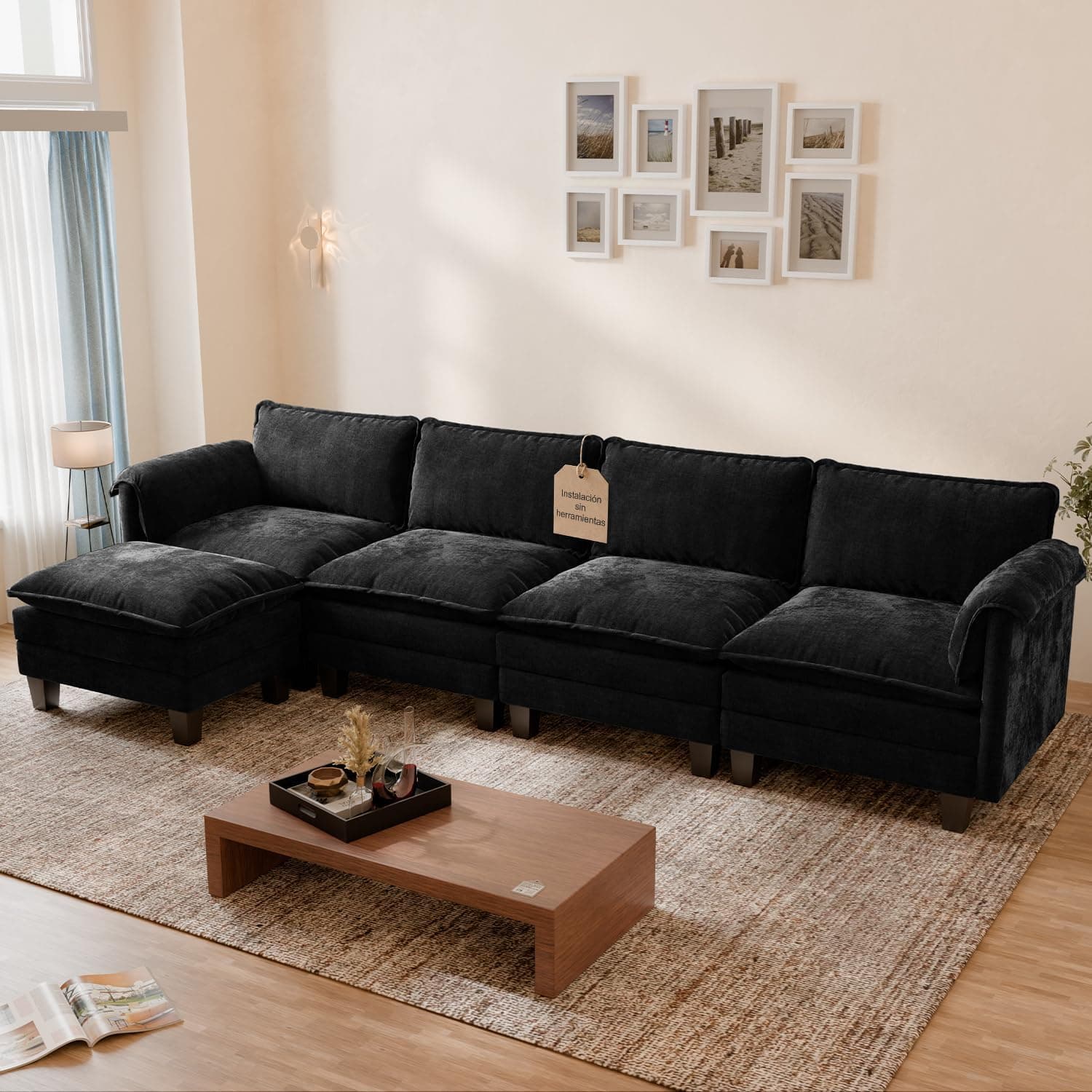 ELUCHANG Sofá Nube Modular 336cm con Puf, Sofá de Esquina de 4 Plazas en Forma de L, Sofá Seccional con Asiento Profundo 62cm, Montaje sin Herramientas, Chenilla, Negro Profundo