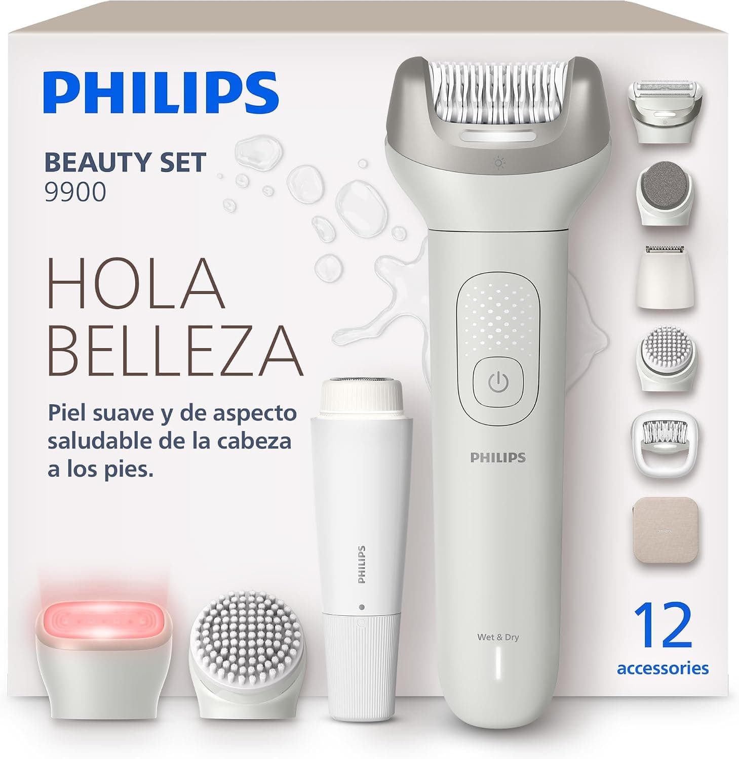 Philips Set de belleza – Set todo en uno para cuerpo, cara, zona del bikini y pies; uso inalámbrico en seco o mojado, para depilación y cuidado de la piel, con 12 accesorios, modelo BRE749/00