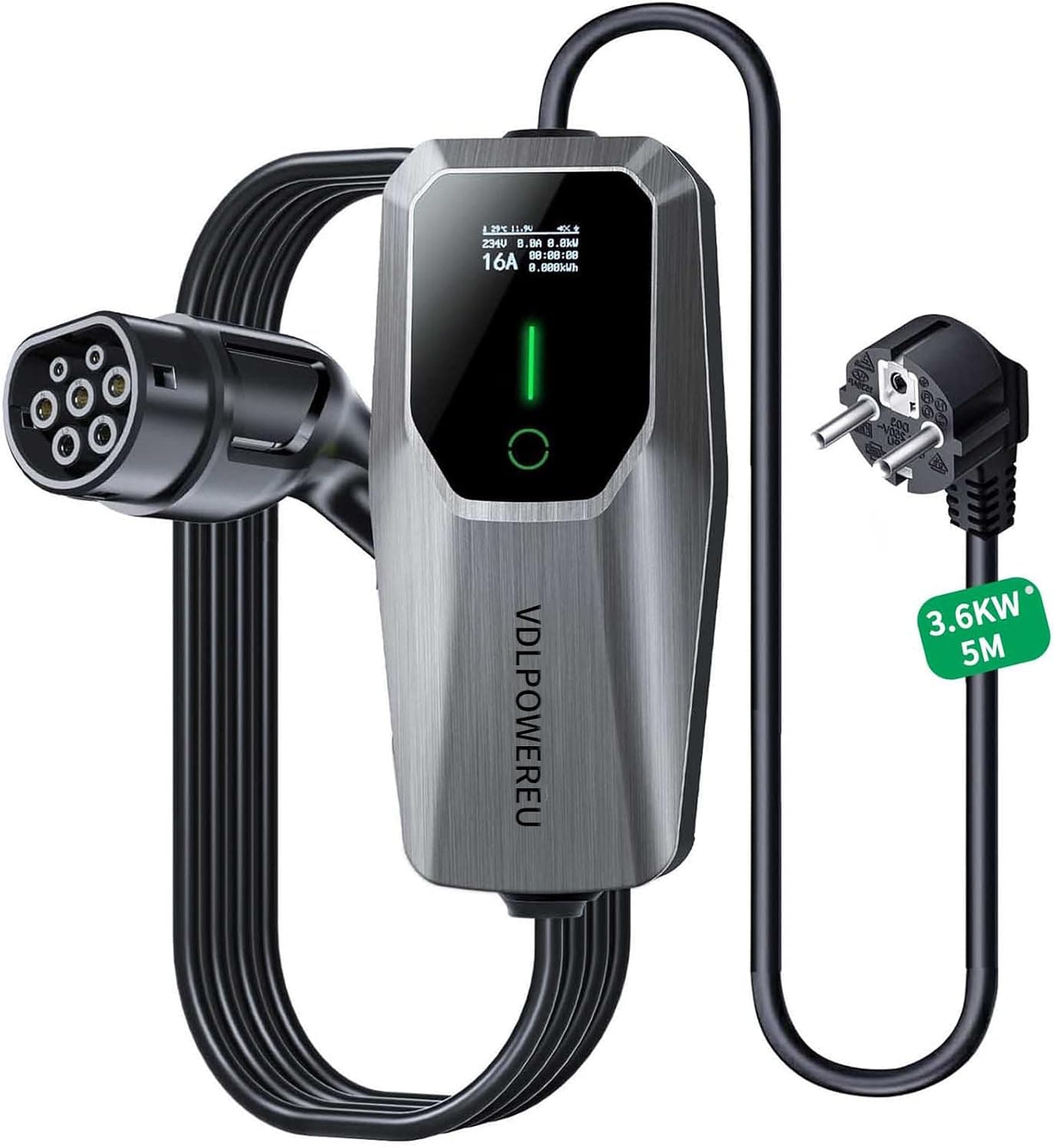 Cargador Coche Electrico 3,6 kW, Tipo 2 Cable de Carga para Vehículos Eléctricos 6-16 A, con Enchufe de la UE Schuko, Terminal de Carga monofásico IP65 (IEC 62196-2)