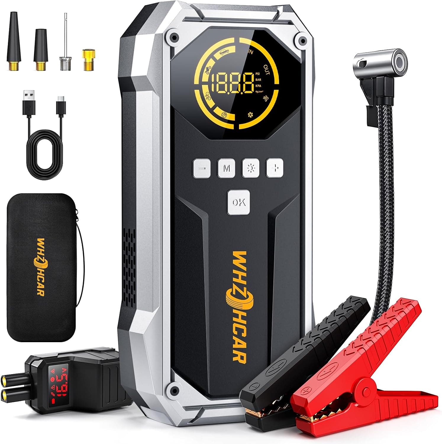 Arrancador de Batería de Coche 6000A con Compresor Aire 160PSI Linterna LED