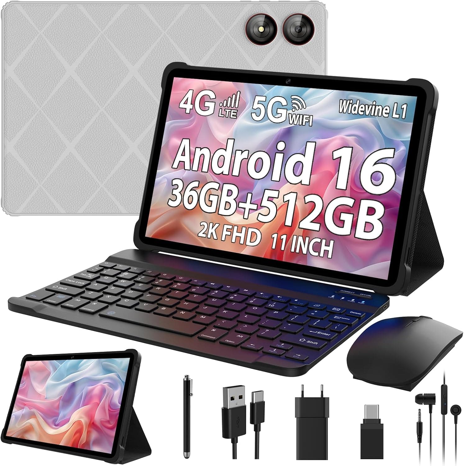 2026 Android 16 Tablet 11 Pulgadas, 36GB RAM+512GB ROM, SIM 4G & 5G WiFi, Octa Core 2.0GHz, 13MP+8MP, 2000 * 1200/WidevineL1/8000mAh/BT5.0/OTG/GPS-Tablet con Teclado(Gris)