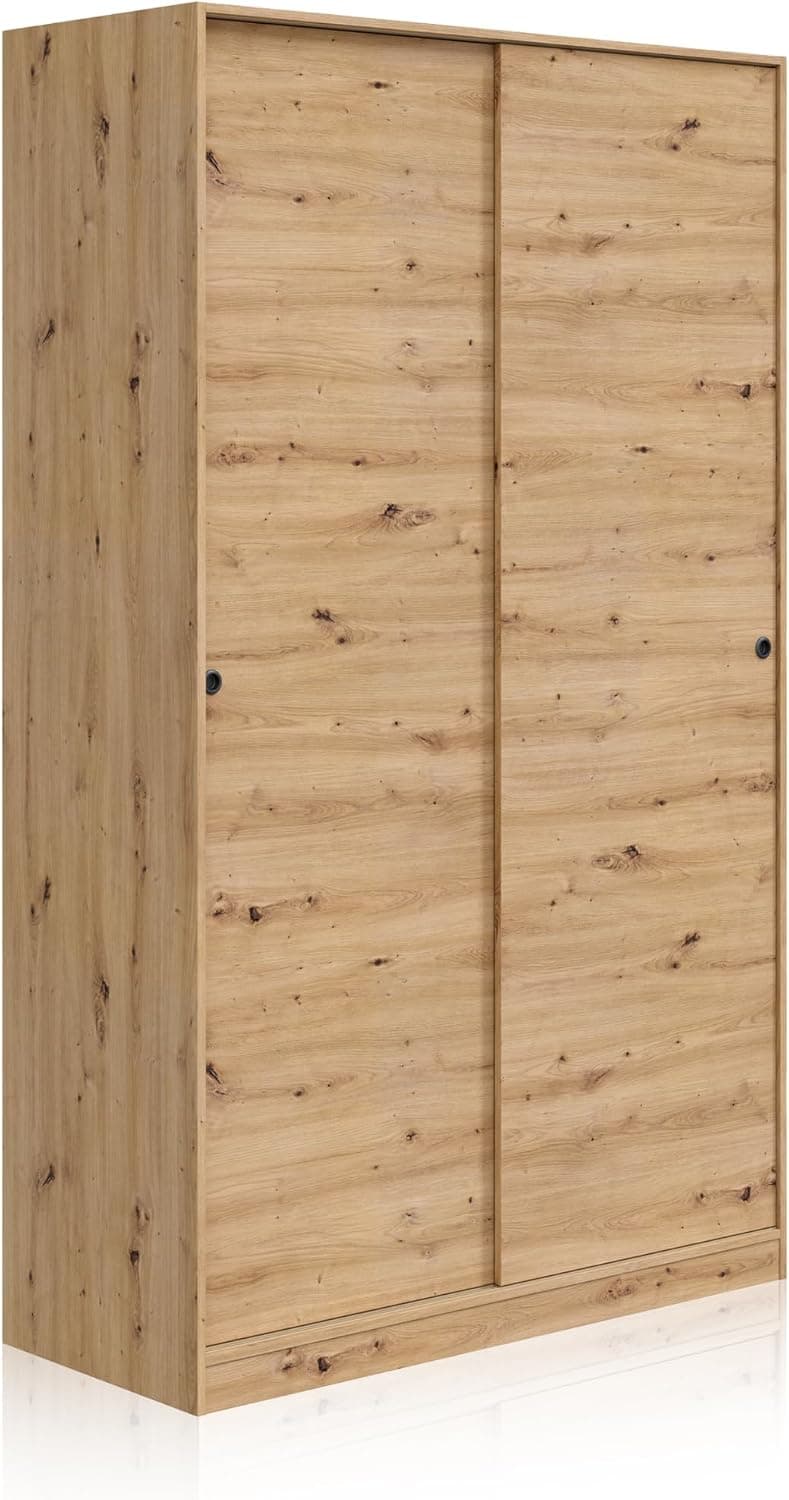 duehome | Armario de 2 Puertas Correderas, Barra de Colgar y Estantes, Armario para Dormitorio, Modelo Show, Acabado en Roble Nodi, Medidas: 120 cm (Largo) x 200 cm (Alto) x 50 cm (Fondo)